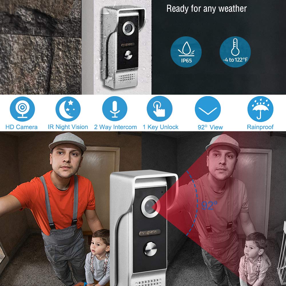 Video Intercom System, 7 Inches Monitor Wired Video Door Phone Doorbell Kits, IR Outdoor Camera Door Intercom, Support Unlock, Monitoring, Dual-Way