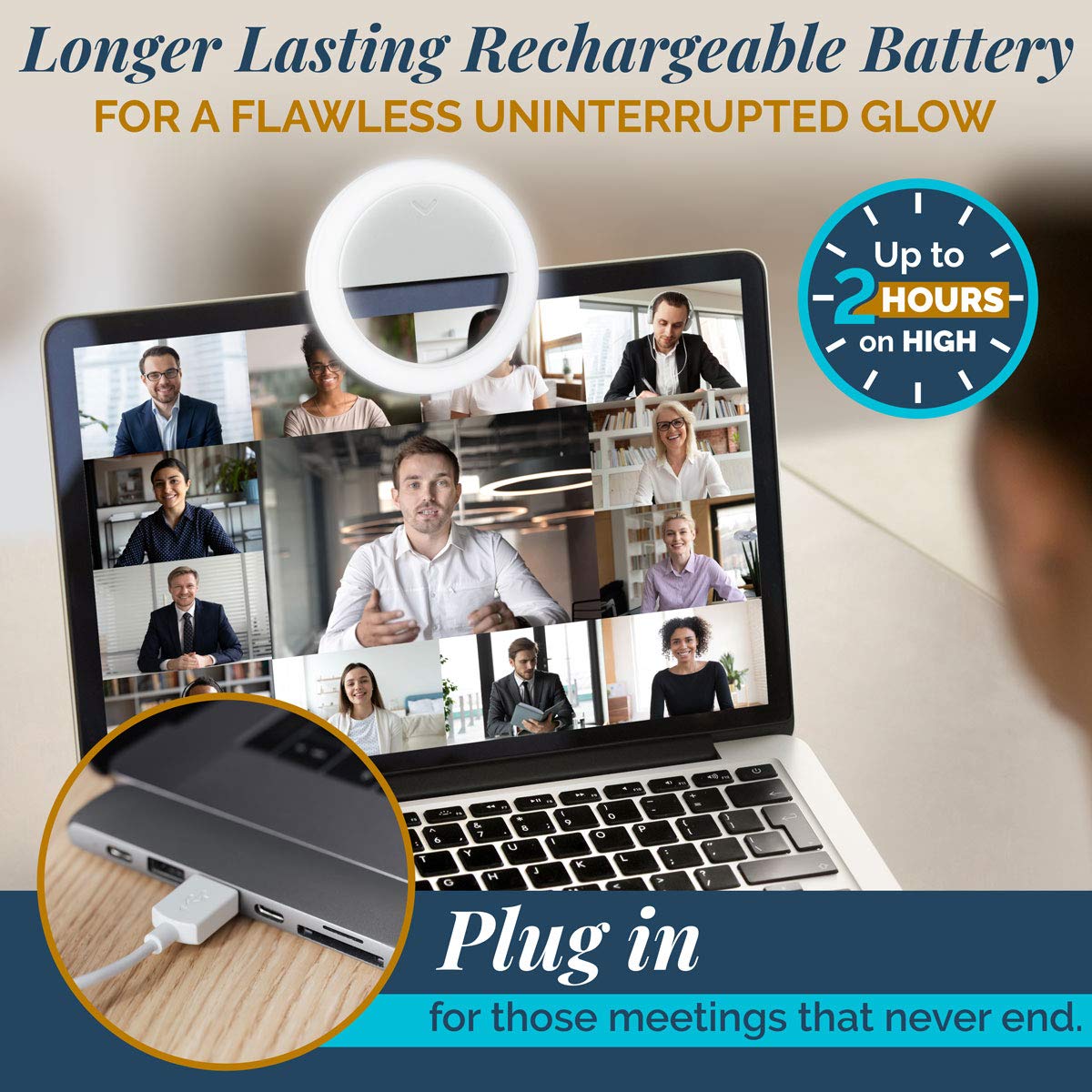 GearLight Selfie Ring Light for Computer or Phone - iPhone Compatible LED Lighting for Laptop Webcam, Video Recording - Rechargeable Circle Clip