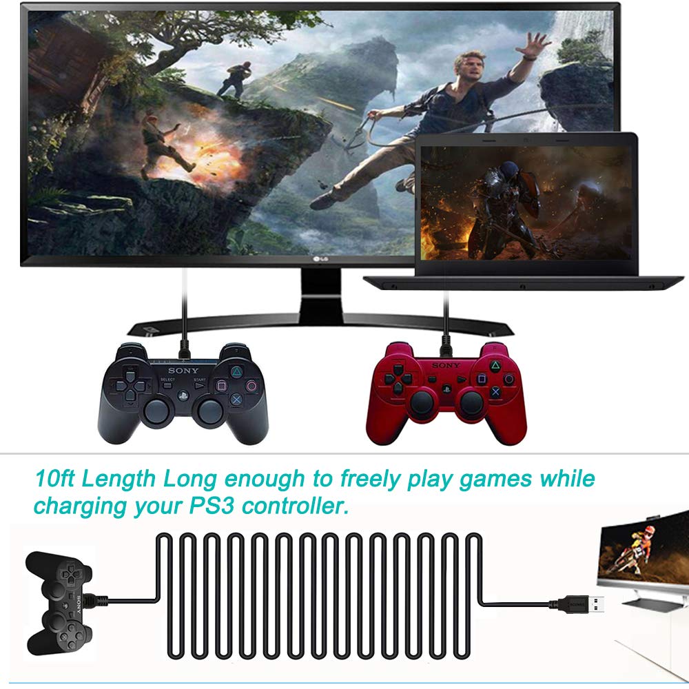 SCOVEE PS3 Controller Charger Cord, 2 Pack 10ft PS3 Charger Cable for Sony PlayStation 3 Controller DualShock 3 PS Slim PS Move Wireless Game