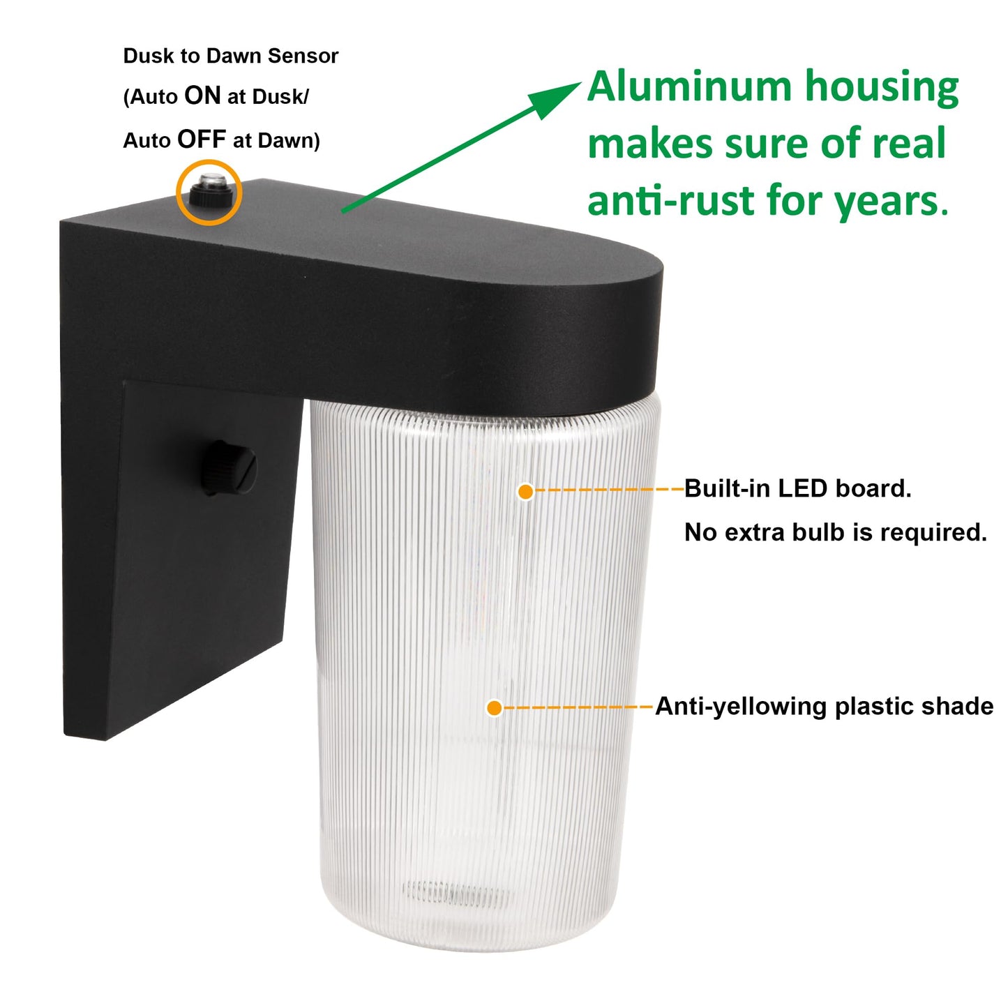 LIT-PaTH Dusk to Dawn Outdoor Wall Lantern, LED Jelly Jar Light, 11W 800 Lumens, 5000K Daylight White, Aluminum Housing Plus Clear Shade, Matte Black