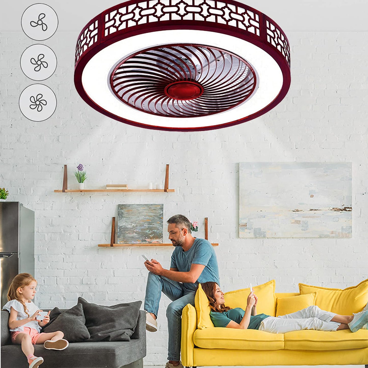 WUPYI 22 Inch Ceiling Fan with Light and Remote Control,Modern LED Semi Flush Mount Light Fandelier,Wood Design,Acrylic Blades,3 Colors 3