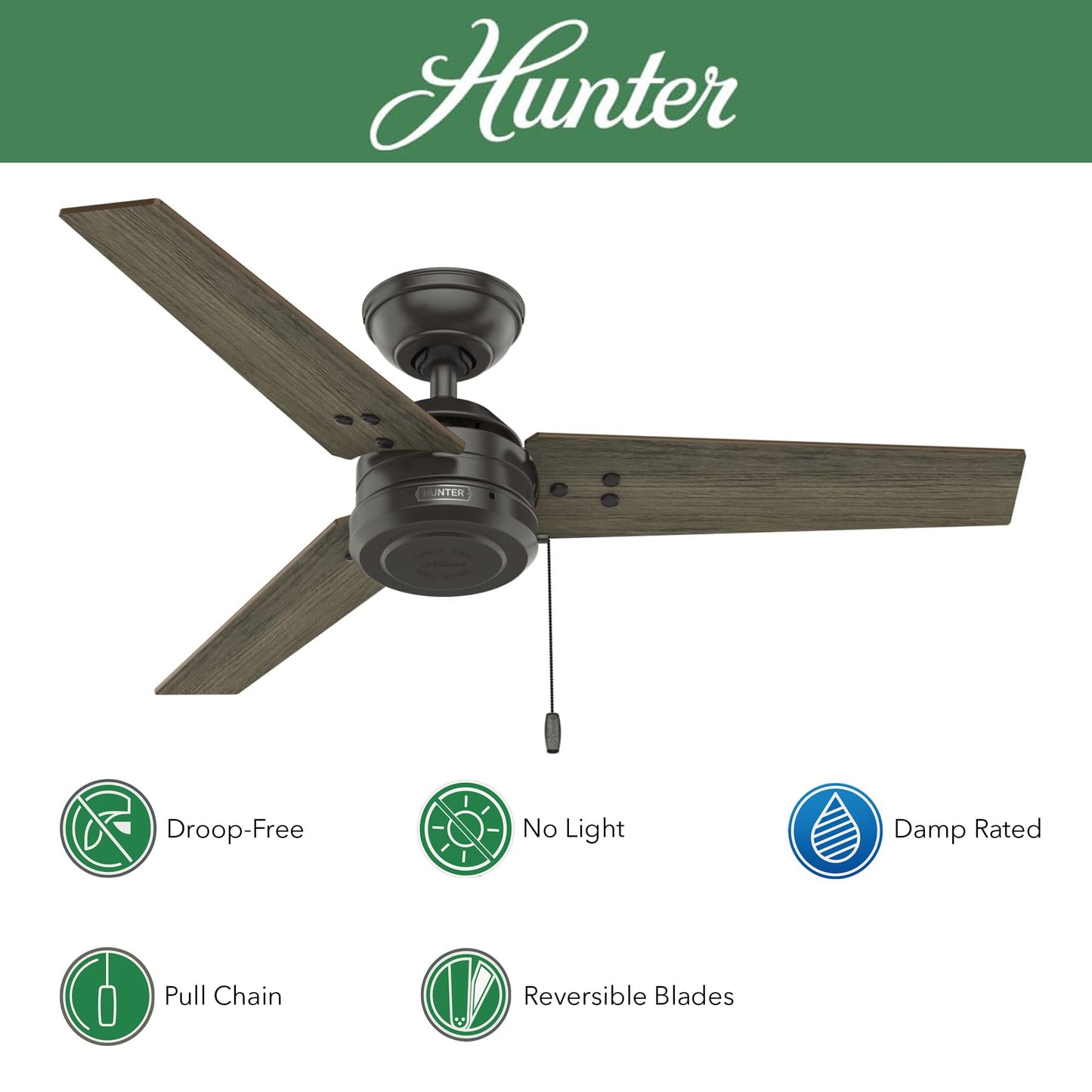 Hunter Fan 44 inch Noble Bronze Outdoor or Indoor Ceiling Fan No Light with Pull Chain for Patio, Living Room, Bedroom, Office, Kitchen (Renewed)