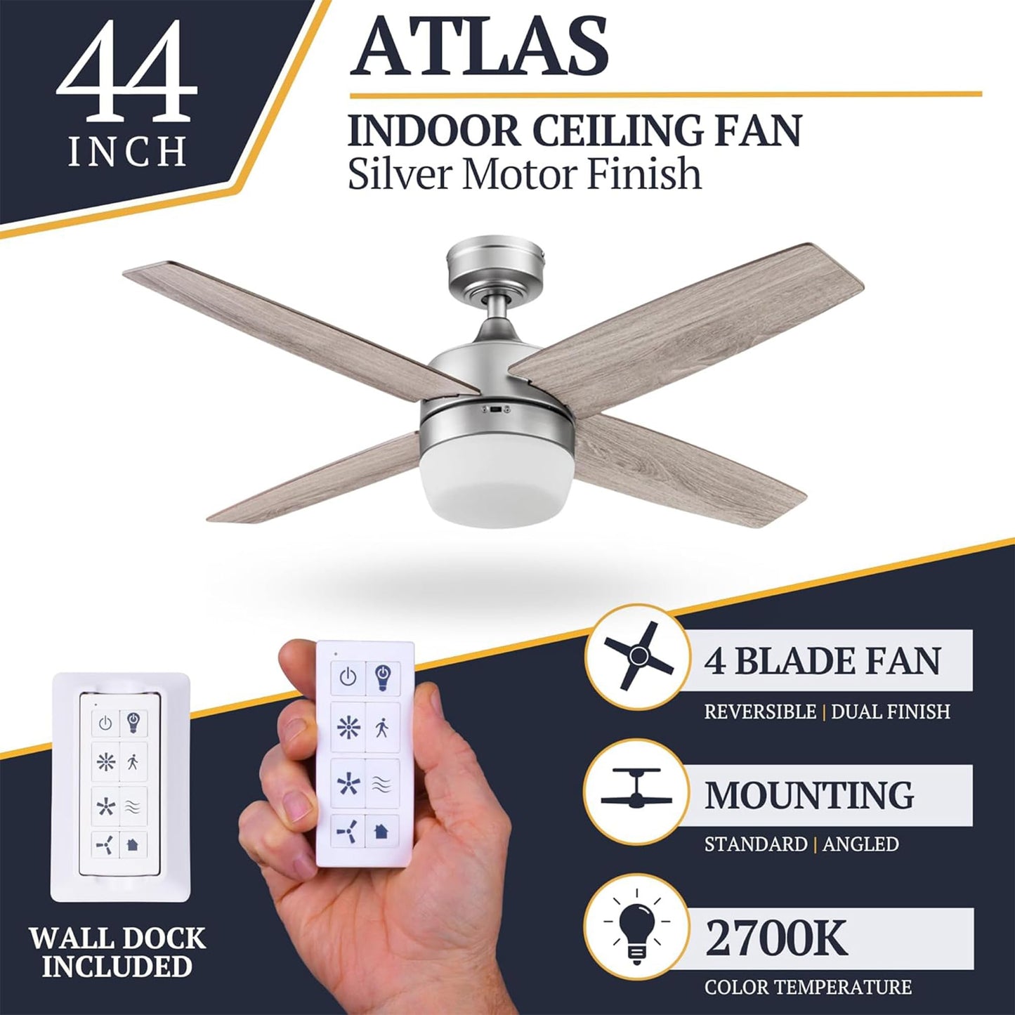 Prominence Home Atlas 44 Inch Modern Indoor LED Ceiling Fan with Light, Remote Control, Reversible Motor, and 4 Dual Finish Blades, Pewter