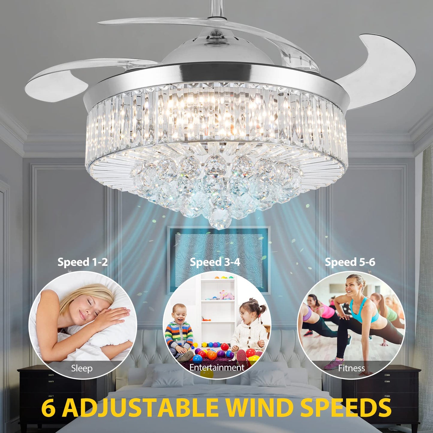 Bavnnro Crystal Ceiling Fans with Light,36” Retractable Chandelier Fan LED Dimmable Crystal Ceiling Fan Light Kits with Remote Control for Decorate