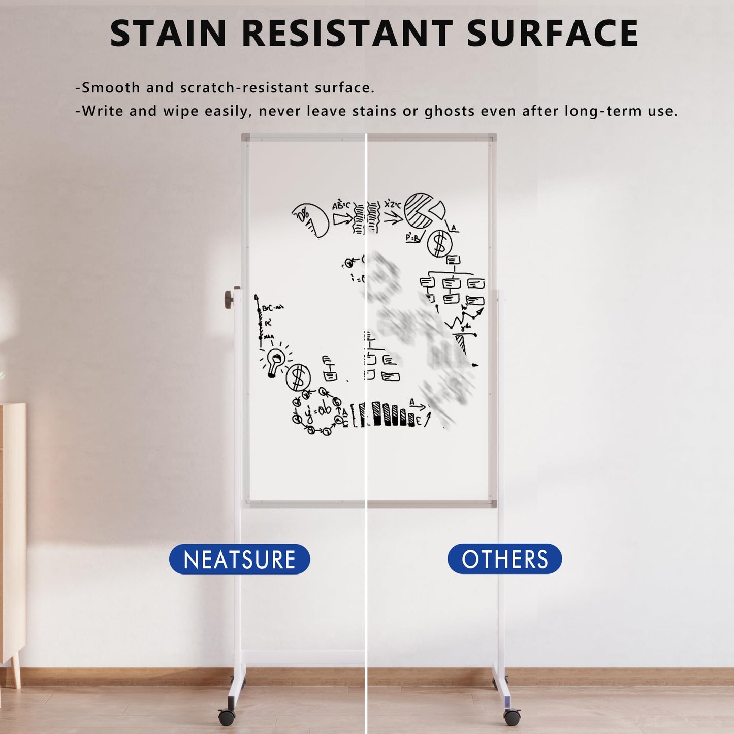 Large Rolling Whiteboard on Wheels, 48" x 24" Height Adjustable Mobile White Board with Stand, 4' x 2' Portable Standing Magnetic Dry Erase Board