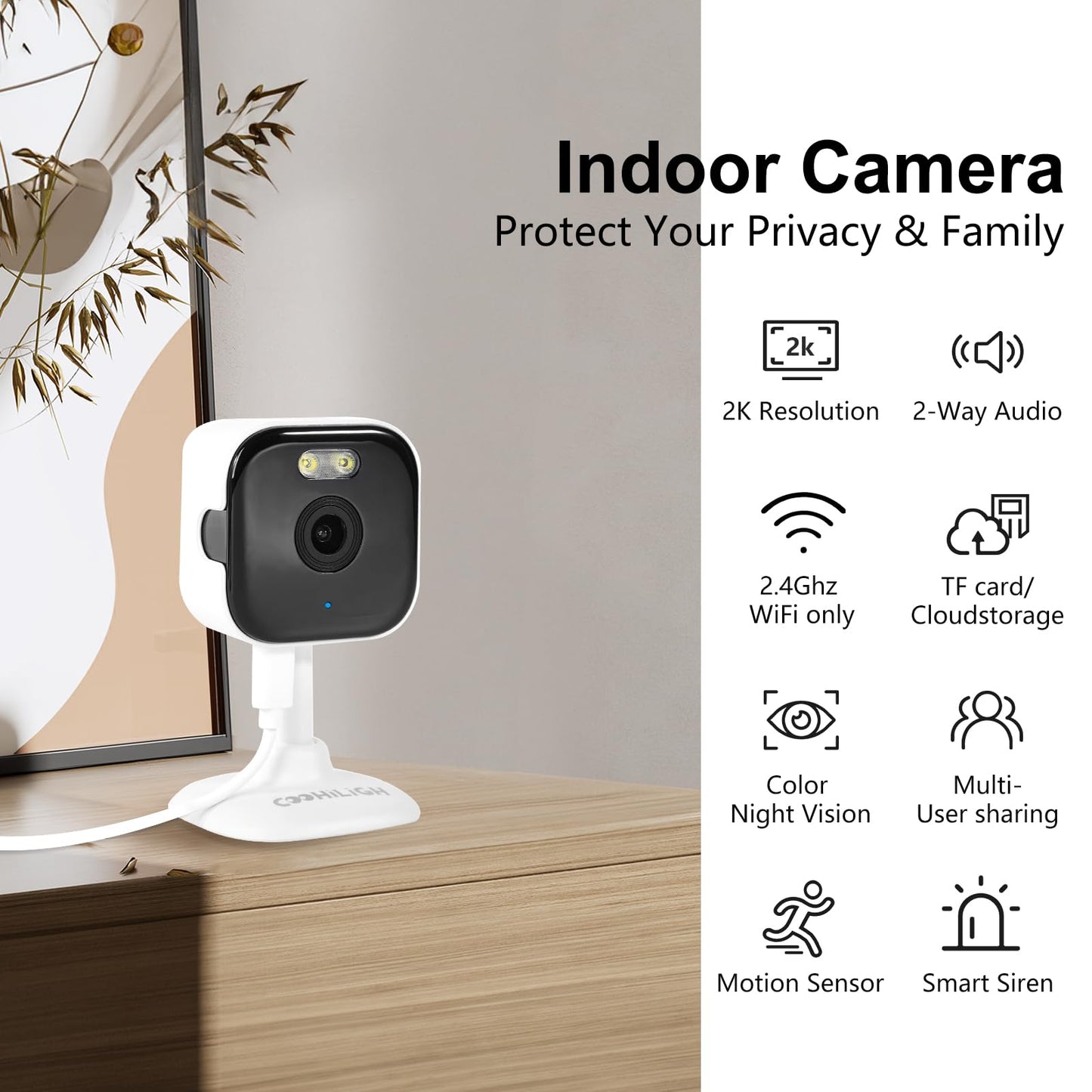 COOHILIGH 2.4G/5G Security Camera Indoor, 2K Pet Camera Indoor with Phone App, Foldable WiFi Baby Camera Motion Detection, Two-Way Talk, IR/Color