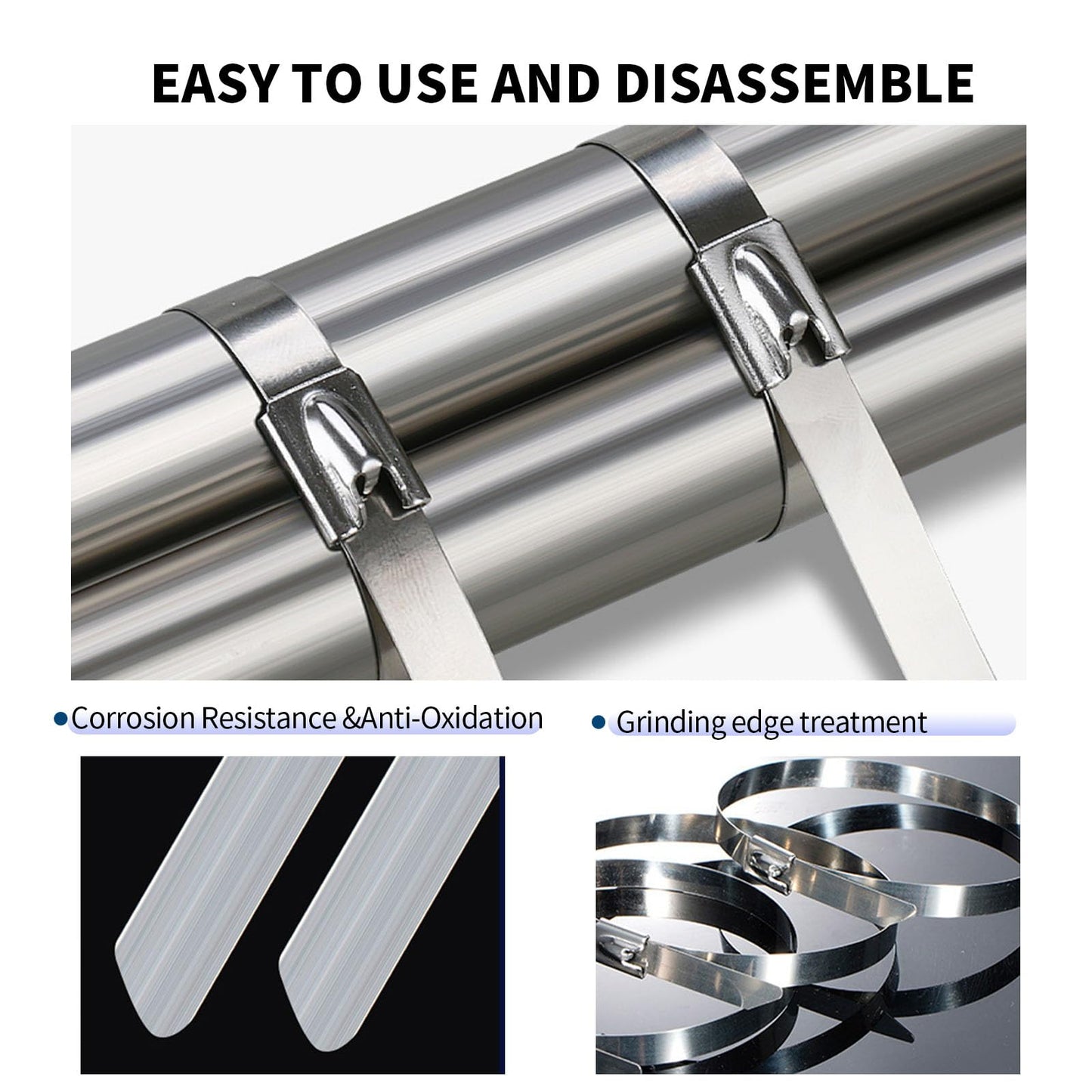 Metal Zip Ties 11.8 Inch 100pcs, 304 Stainless Steel Zip Ties for Outdoor Use, Heavy Duty Multi-Purpose Self-locking Cable Ties for Exhaust Wrap