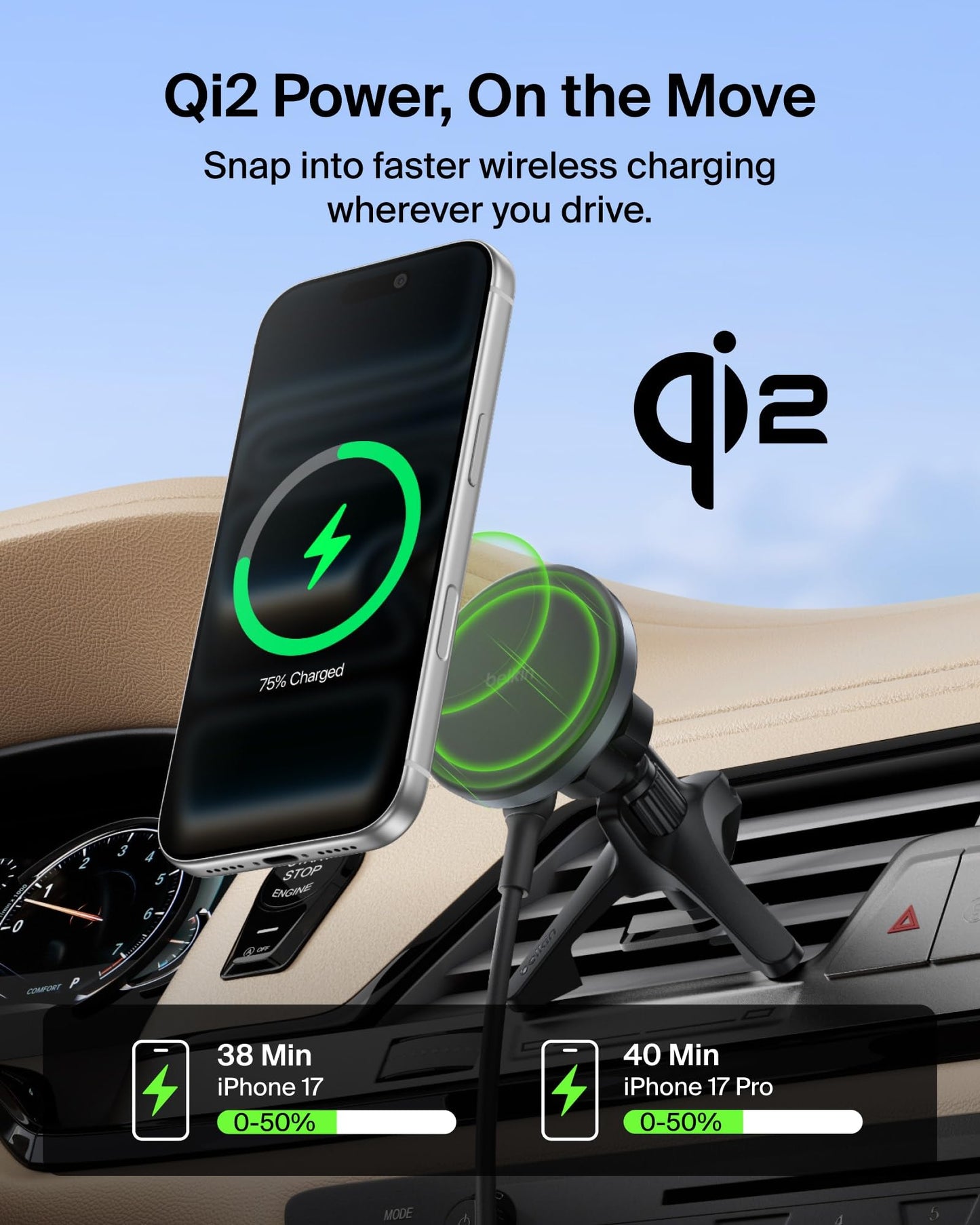 Belkin Wireless Car Charger, Magnetic Car Vent Mount w/ 3.3ft USB C Cable, Qi2 MagSafe Compatible Fast Charging iPhone Charger for iPhone 17, Galaxy