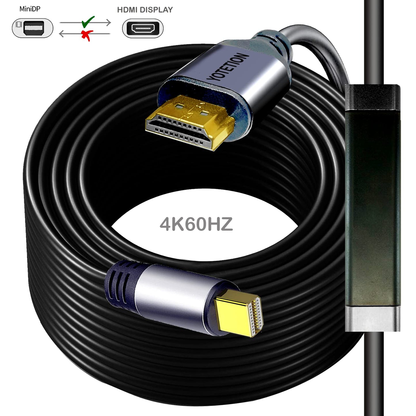 YOTETION 50FT Long Mini DisplayPort to HDMI Cable, 4K60Hz, Black, 1 Count, Male-to-Male, Compatible with MacBook Pro/Air, iMac, Microsoft Surface
