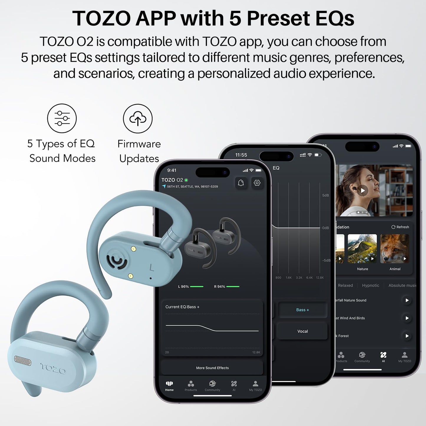 TOZO O2 Open Ear Wireless Earbuds,Multi-Angle Adjust 42H Bluetooth 5.3