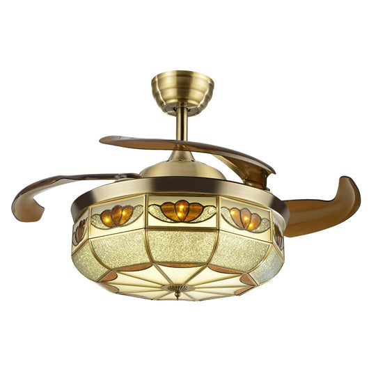 SHOUMANUAL 36" Vintage Retractable Ceiling Fan Light, Chandelier Fan with controller 3-Color Lighting 6-Speed Copper Glass Lampshade & Reverse