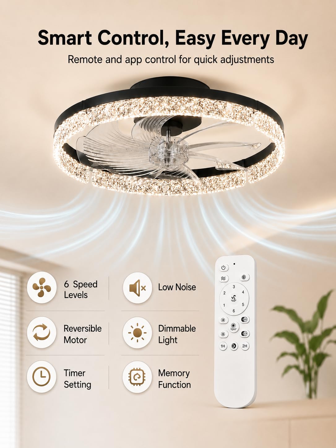 Garvee 20'' Ceiling Fan with Lights, Low Profile Crystal Flush Mount Fan