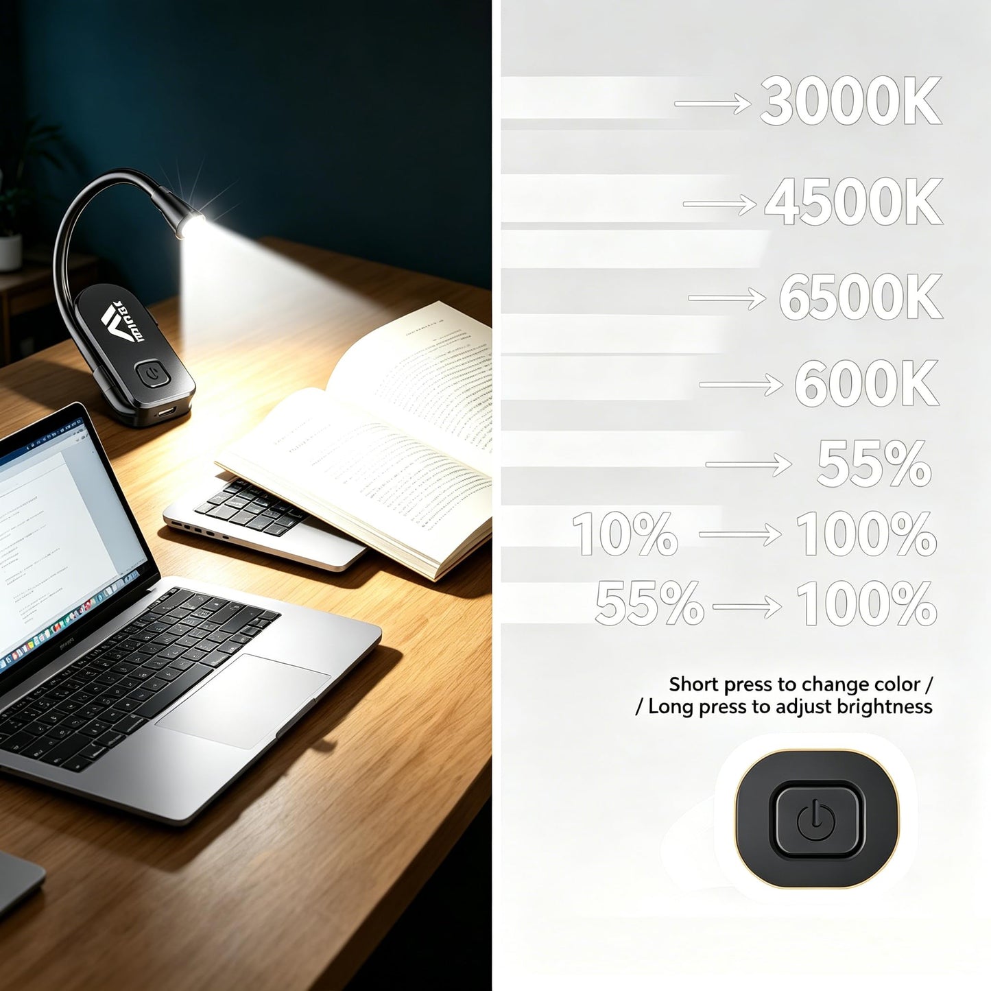 Minsk All-in-One Clip On Reading Light, 360° Flexible Neck, 3 Color Stepless Dimming Eye Care Lamp, USB Rechargeable, 80Hrs Runtime, Portable Light