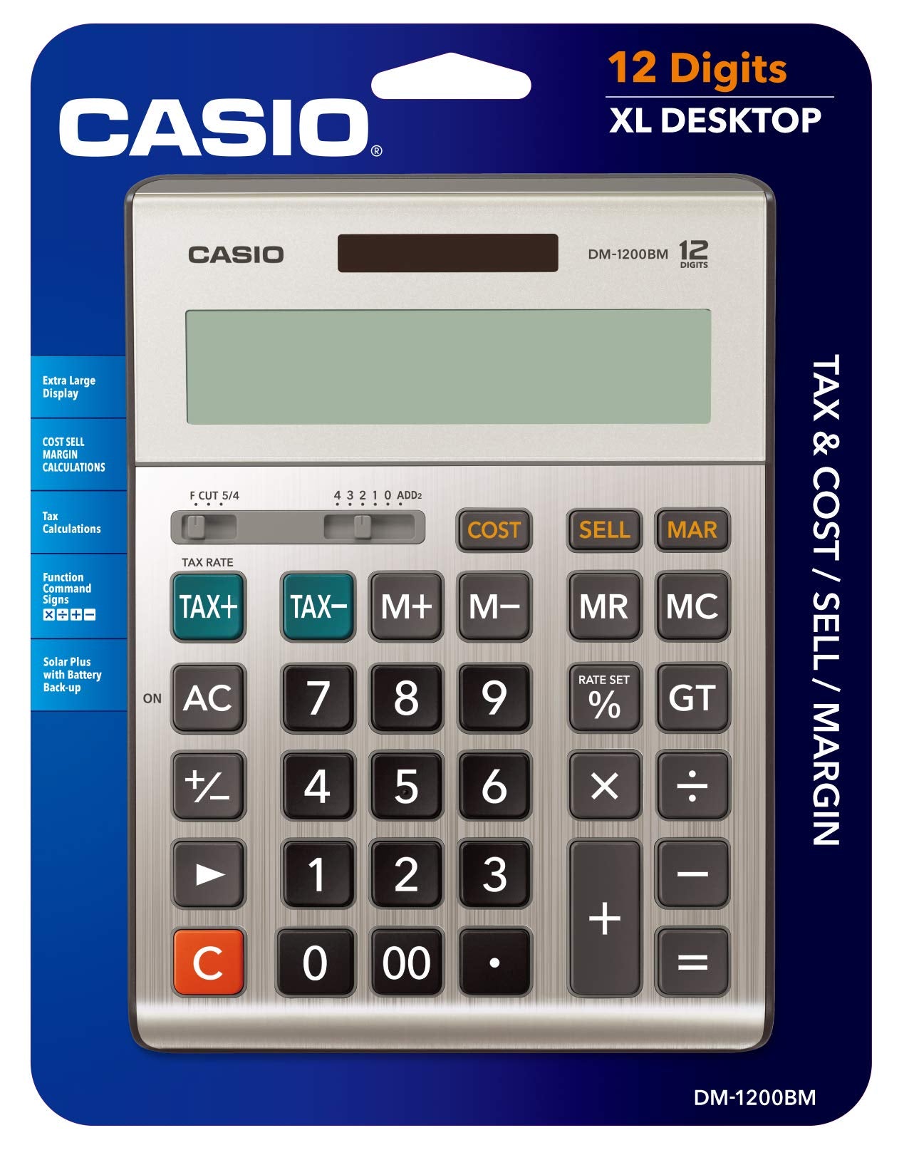 Casio DM-1200BM - Business Desktop Calculator with Cost/Sell/Margin & Tax Keys | Extra-Large 12-Digit Display, Kickstand | Ideal for Office & Finance