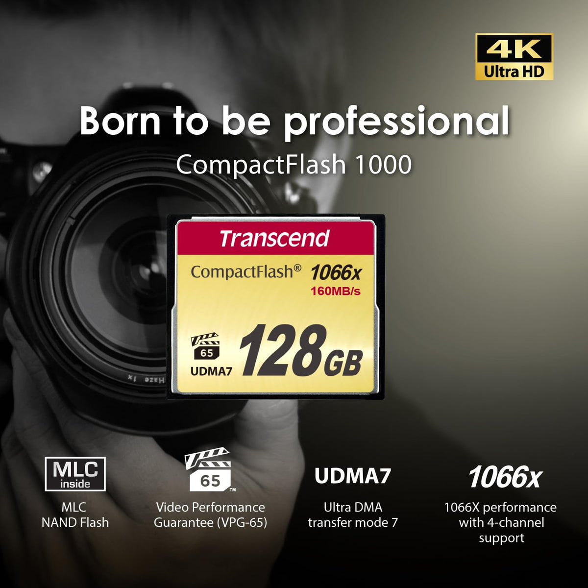 Transcend 16GB CF1000, CompactFlash Memory Card, UDMA 7, High Speed, VPG-65, Up to 160MB/s, For SLR Camera, MLC - TS16GCF1000