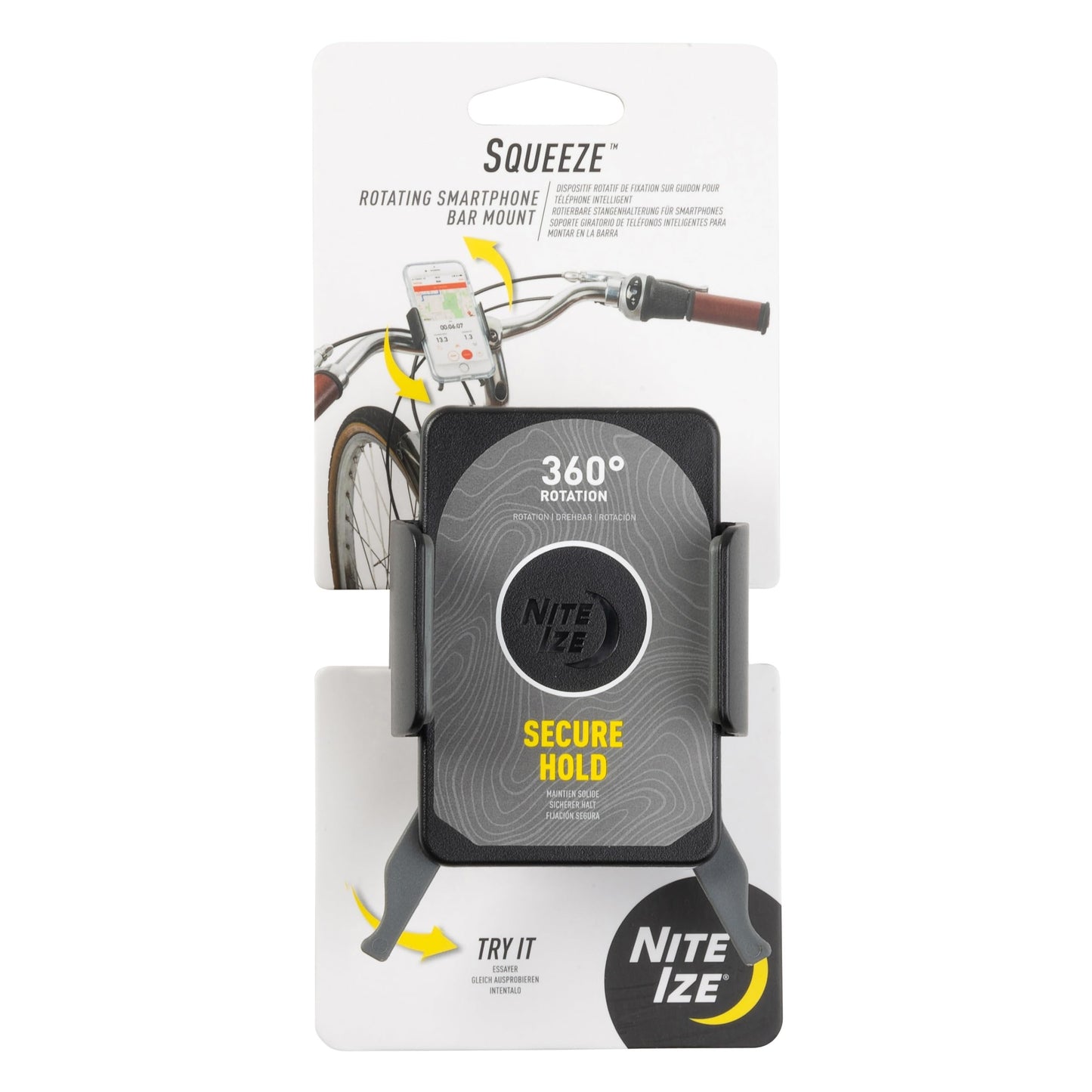 Nite Ize Squeeze Rotating Smartphone Bar Mount - 360-Degree Rotating Phone Holder for Handlebars, Strollers & Adventures - Non-Slip & Adjustable