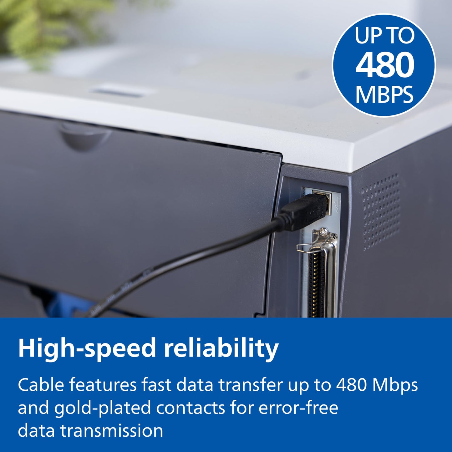 Philips USB-A to USB-B Printer Cable, 16 Ft Long Cord, Connect Laptop or Desktop, Data Transfer 480 Mbps, Gold Plated, HP, Canon, Brother, Samsung