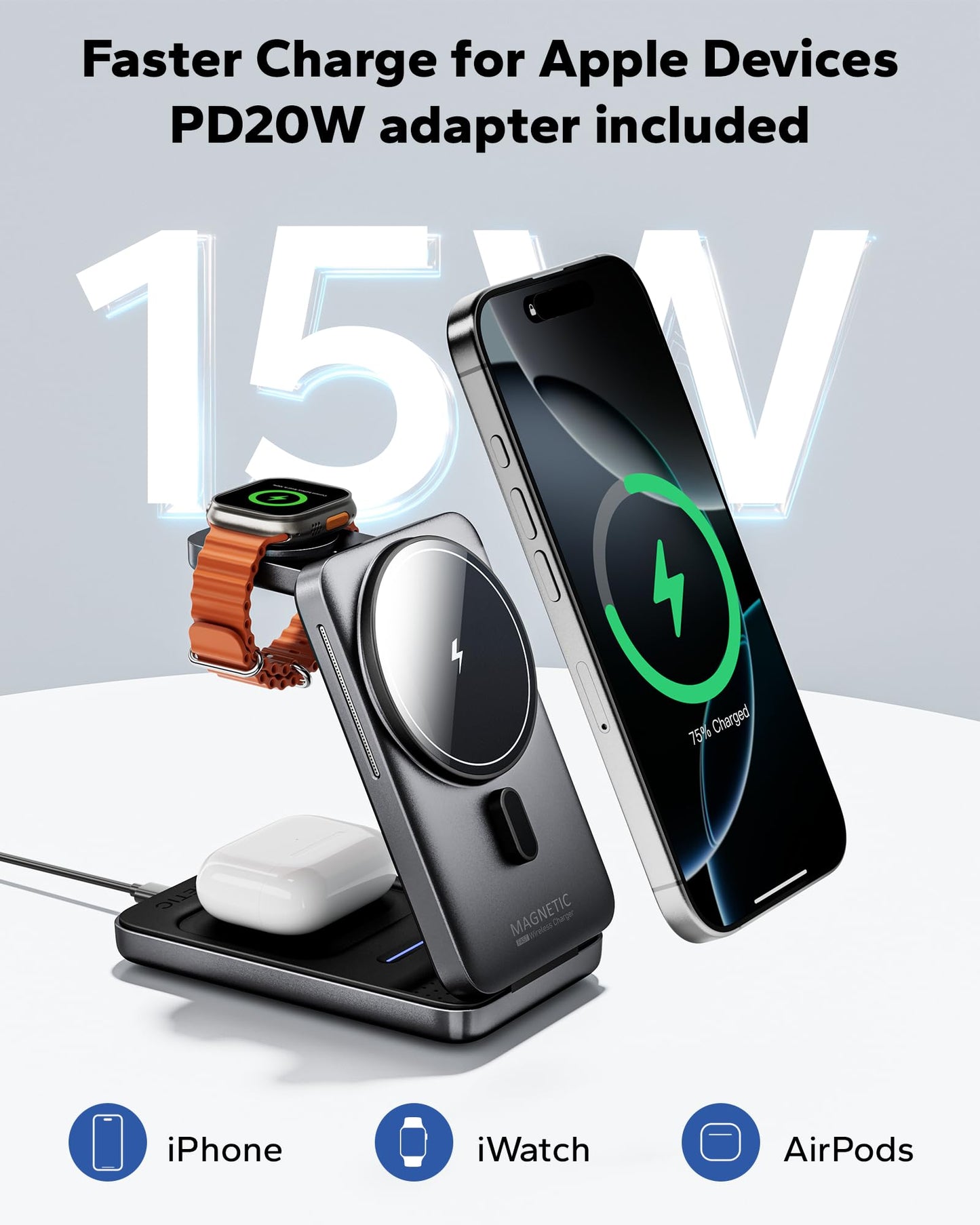 KPON Travel Charger for iPhone and Apple Watch, Magnetic Wireless Phone Charger 3 in 1, Compatible with iPhone 14/13/12, Apple Watch 7/6/5/4/3/2/SE