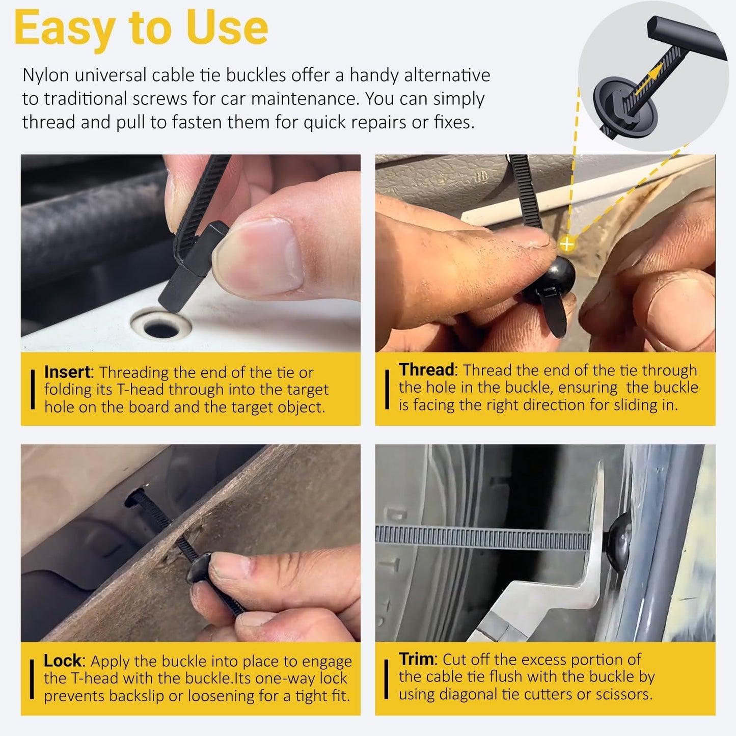 Upgraded Nylon Universal Cable Tie Buckles, Nylon Zip Ties Holders Kit, Automotive Zipper Clips Self-Locking T Rivet Zipties for Car Fender Trunk