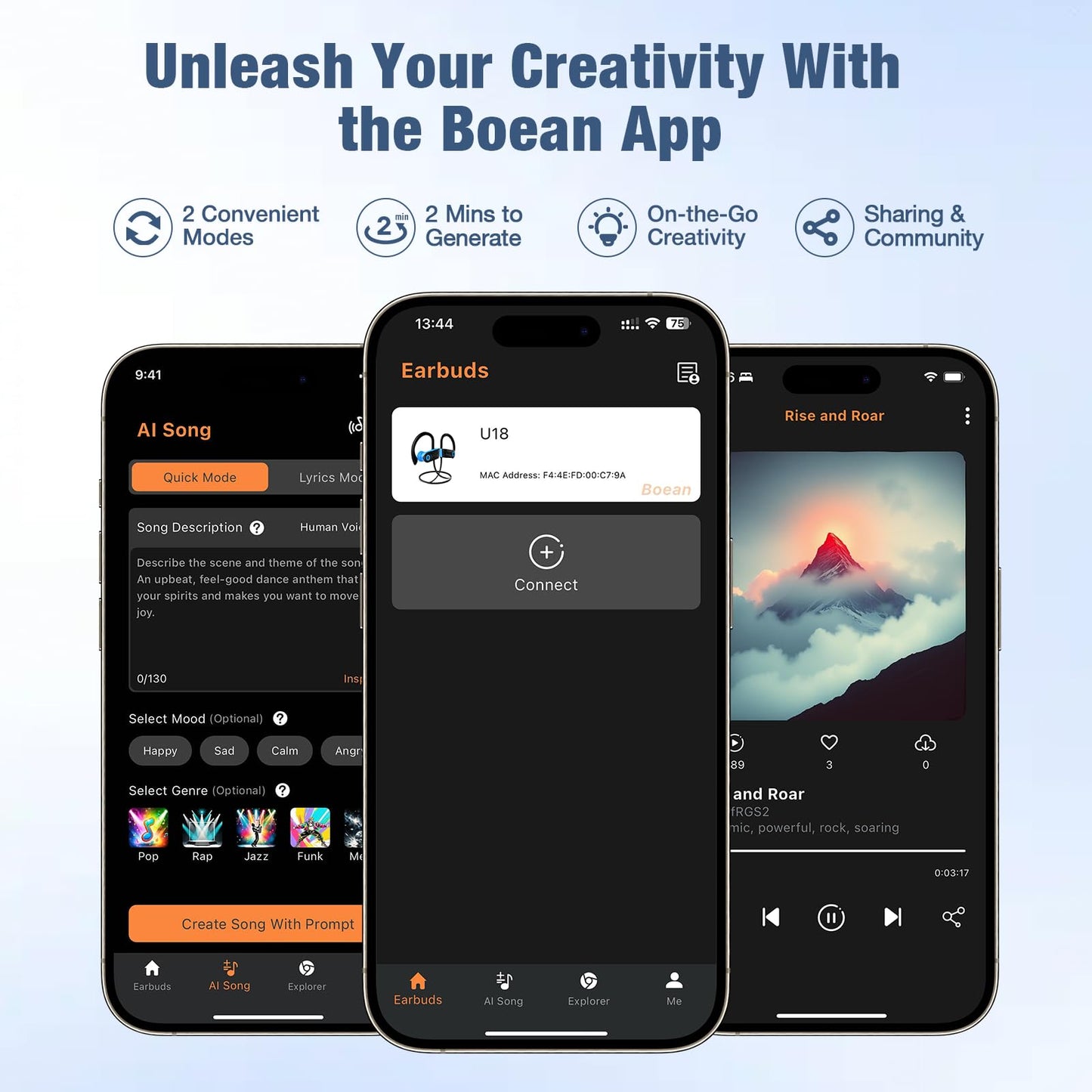 Boean Bluetooth Headphones, Bluetooth 5.3 Wireless Headphones with 16 Hours Playtime, Stereo Bass IPX7 Waterproof Over Ear Earphones AI Music