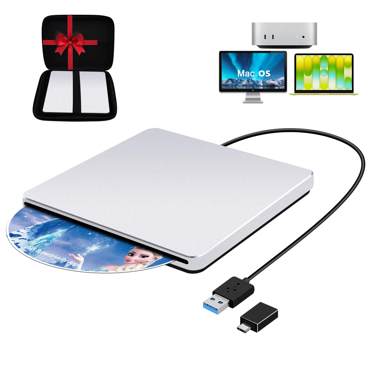 Guamar USB 3.0 Superdrive for Apple: External CD Drive for Mac MacBook Plug & Play Portable DVD Player Burner for Laptop PC Windows with USB-C