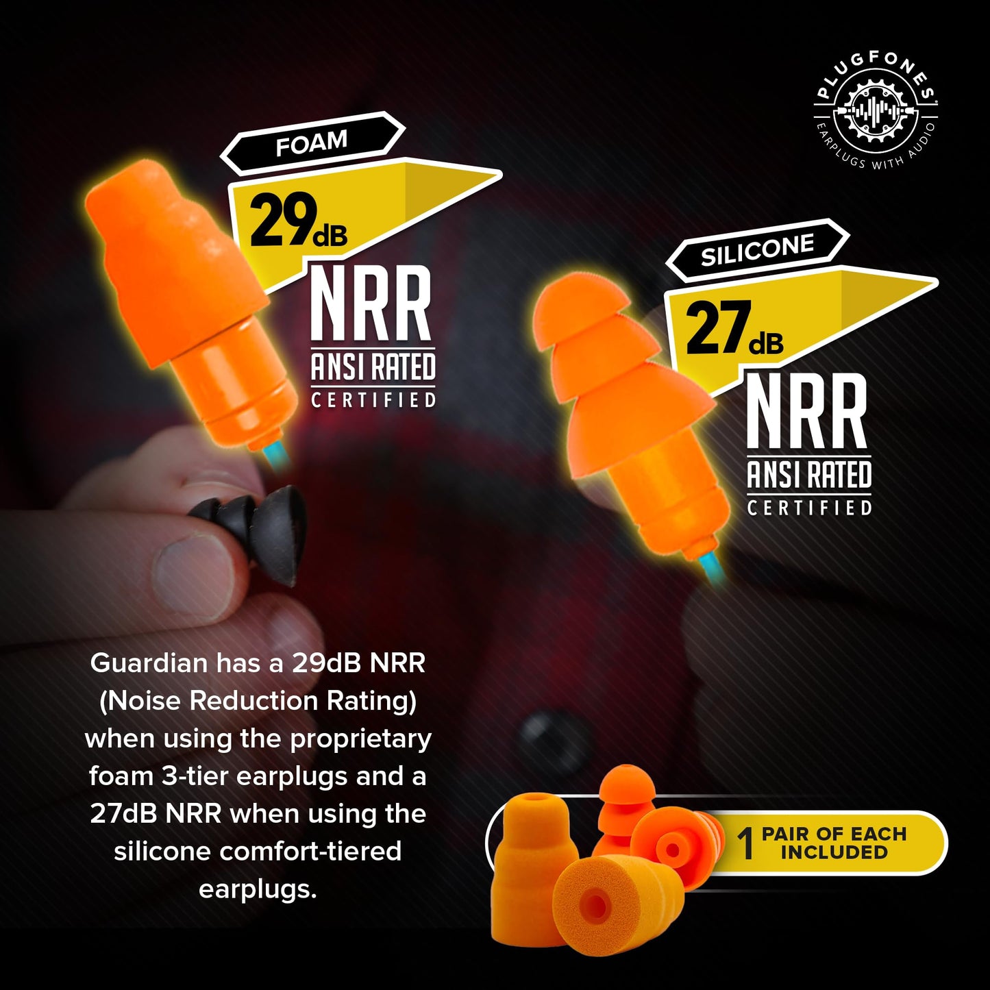 Plugfones Guardian Earplug Headphones - OSHA Approved Noise Isolating in-Ear Earbuds with Hearing Protection - Wired Hybrid for Work and Travel