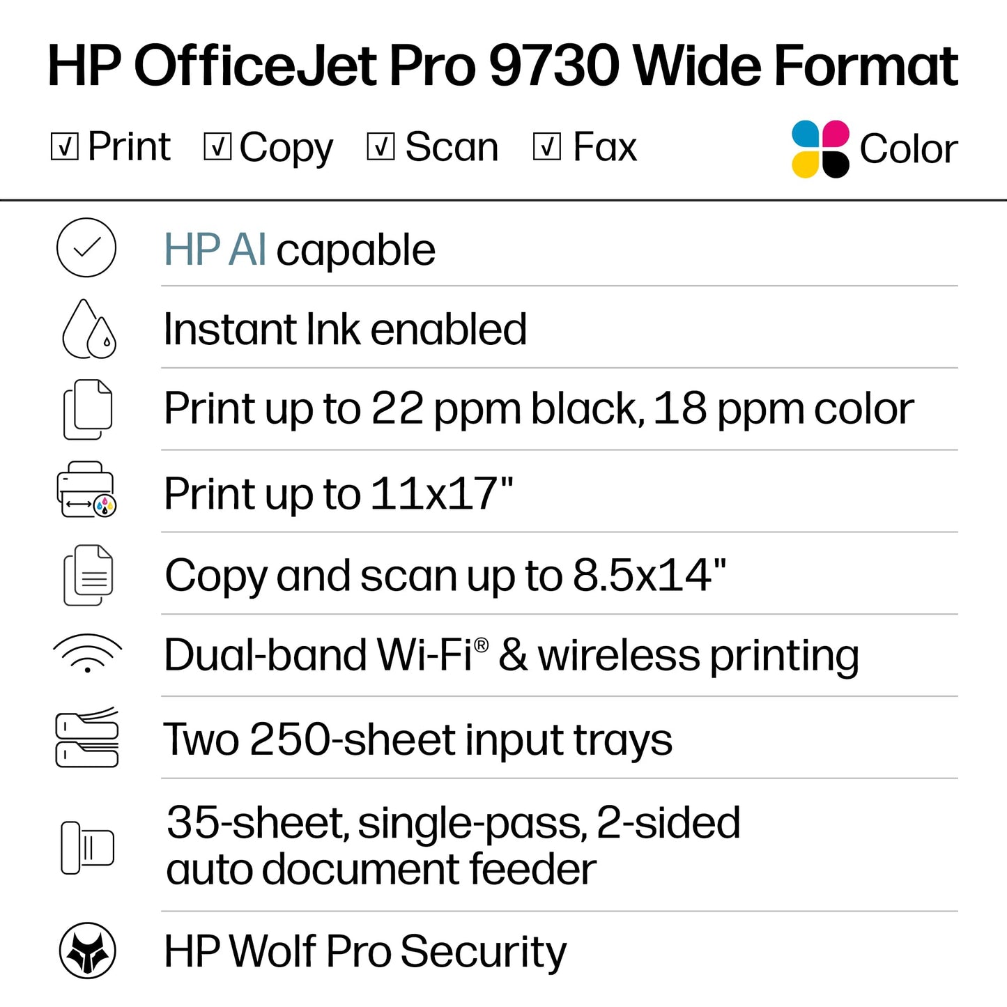 HP OfficeJet Pro 9730 Wide-Format Wireless All-in-One Color Inkjet Printer, Print, scan, Copy, fax, up to 11x17 ADF, Duplex Print/scan