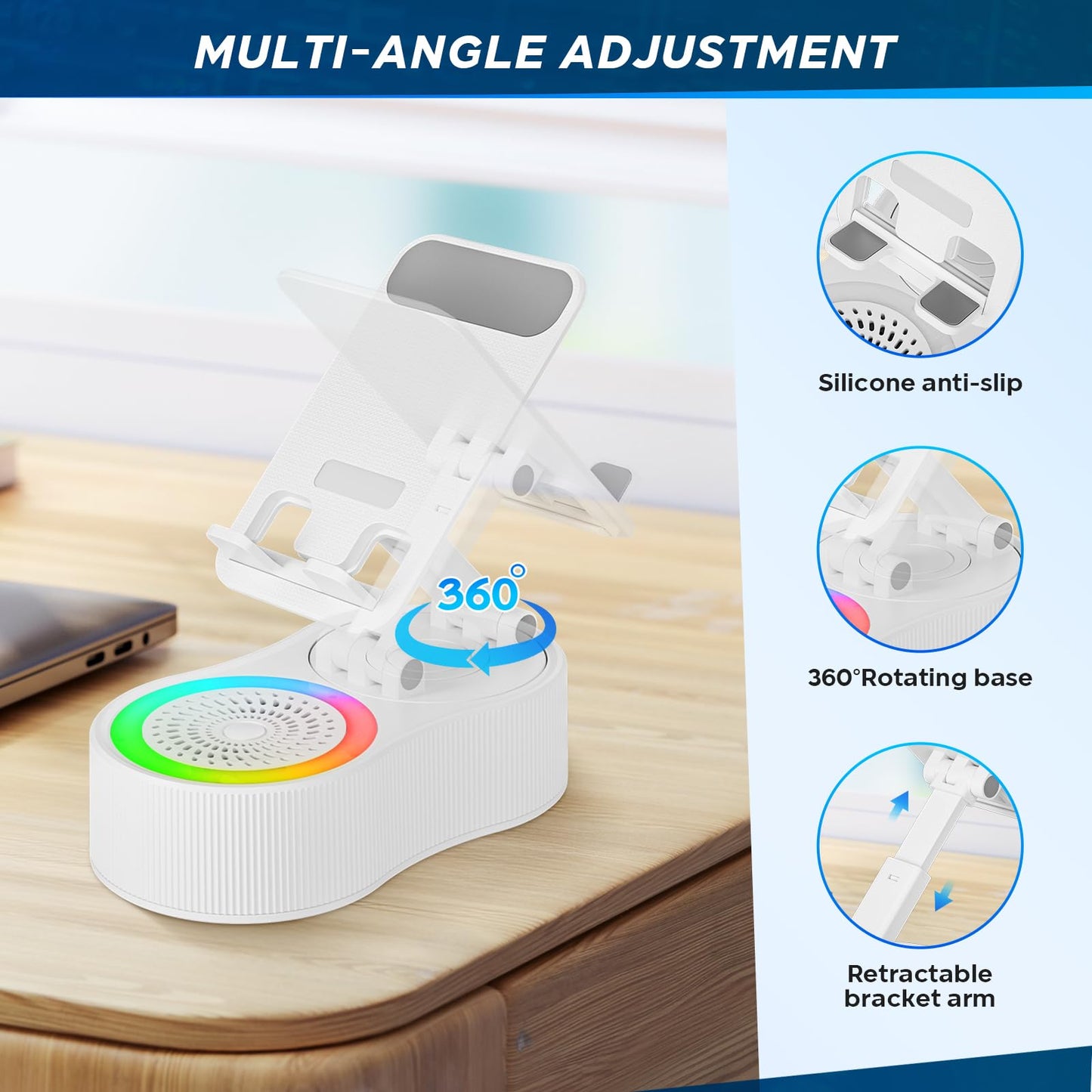 Cell Phone Stand with Bluetooth Speaker - Wireless Bluetooth Speaker with 360° Rotatable Phone Holder, Multifunctional Adjustable Stand with Charging