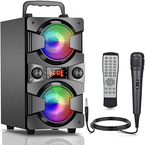 Bluetooth Speaker, Portable Wireless Speakers with Microphone, 60W Peak Loud Stereo Rich Bass, Lights, Remote, FM Radio, EQ, Double Subwoofer Sound