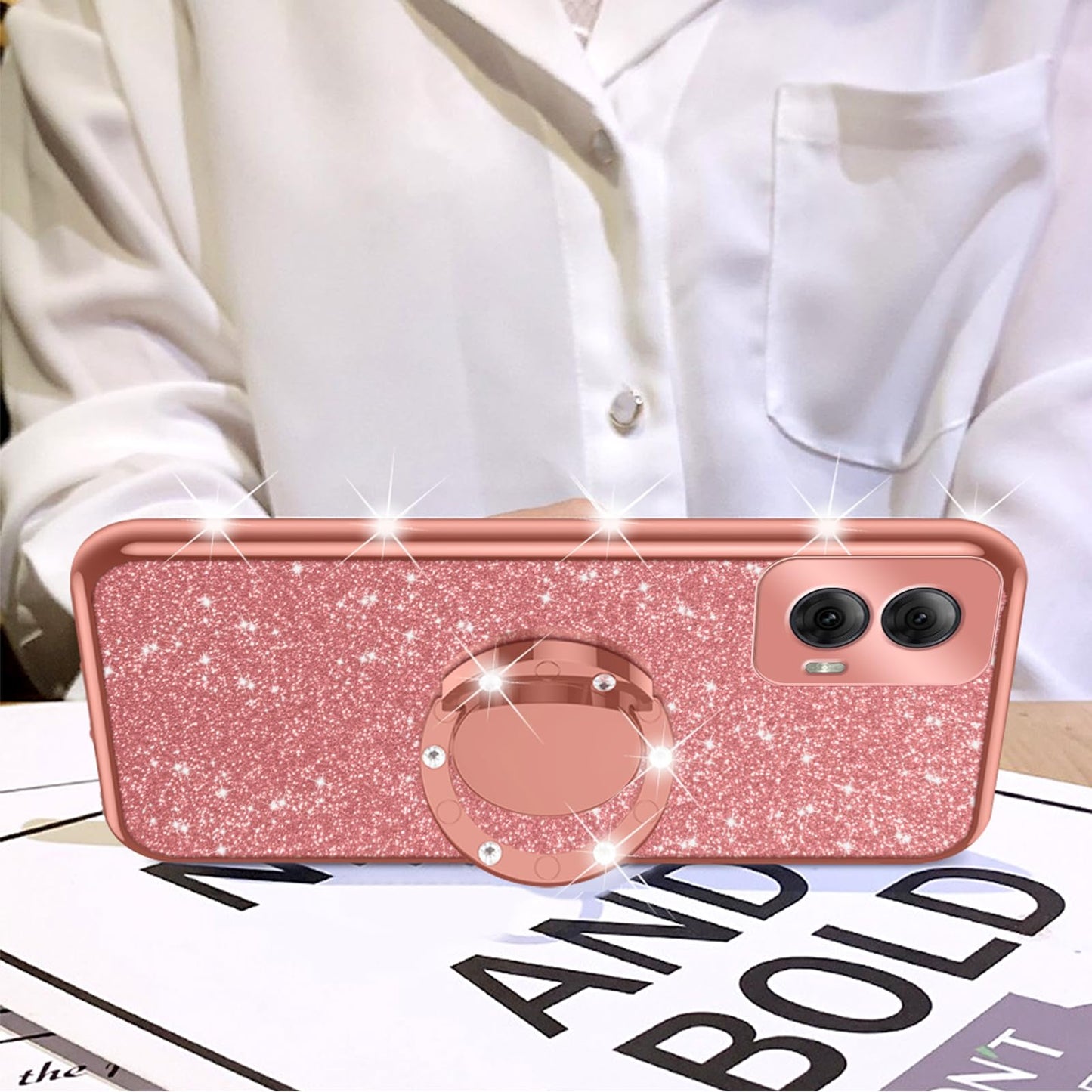 nancheng Cute Bling Glitter Phone Case for Motorola Moto G Power 5G 2024 Luxury Sparkly Soft TPU Anti Scratch Anti-Drop Cover with Ring Stand