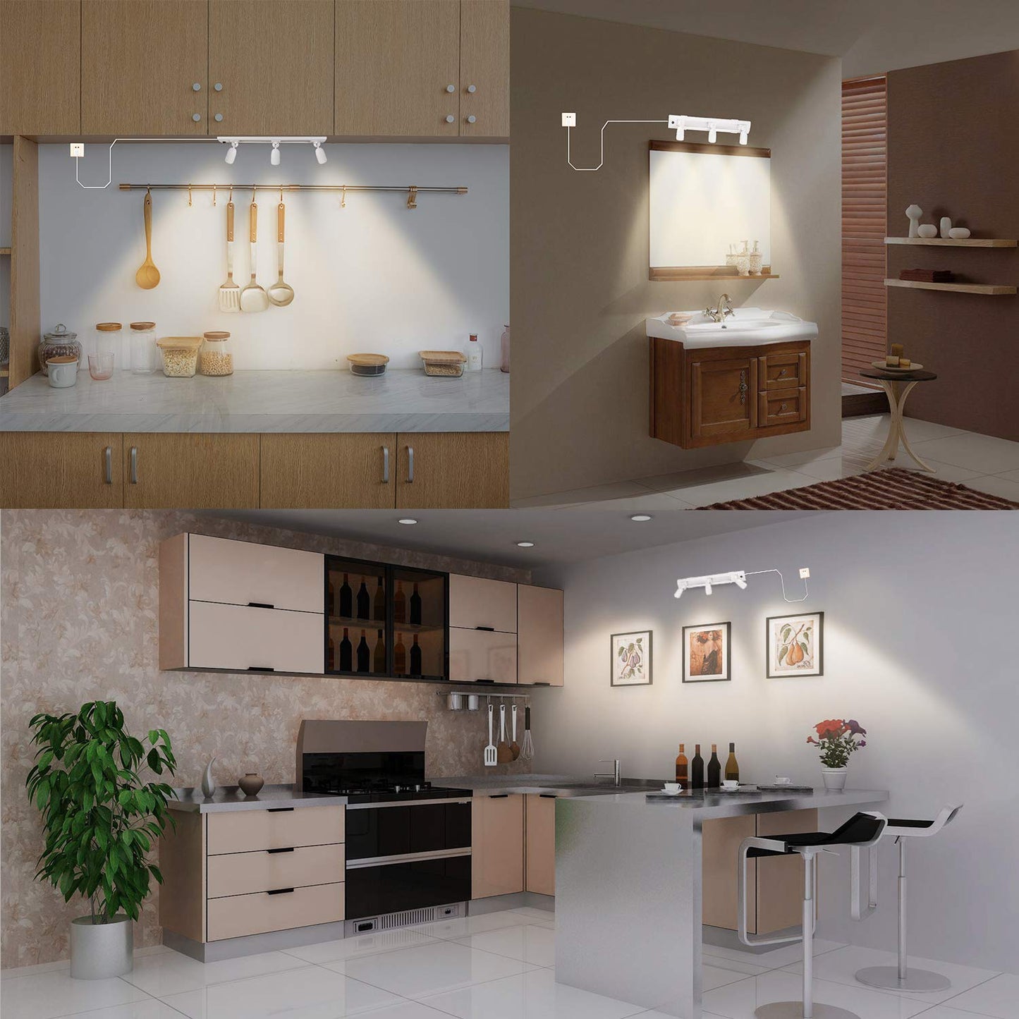 HONWELL Track Lighting LED Spotlights with 3 Rotatable Lights Heads, Under Cabinet Counter Lighting Plug in Accent Lights Remote Controlled Ceiling