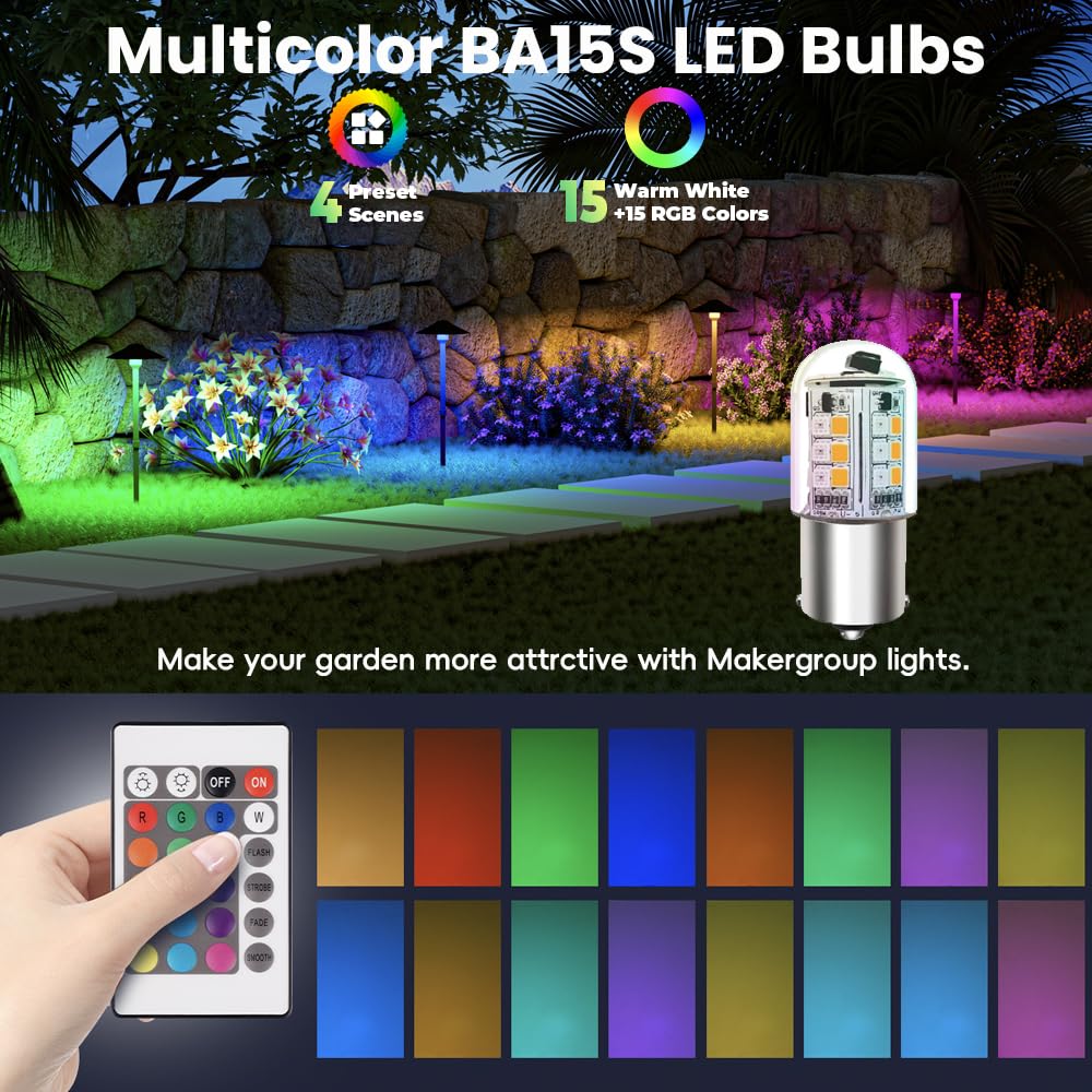 Makergroup RGB BA15S LED Bulbs 12V Color Changing, 1141 1156 S8 SC Bayonet Single Contact Base, Warm White+15 Multi-Colors and Dimmable, Weatherproof