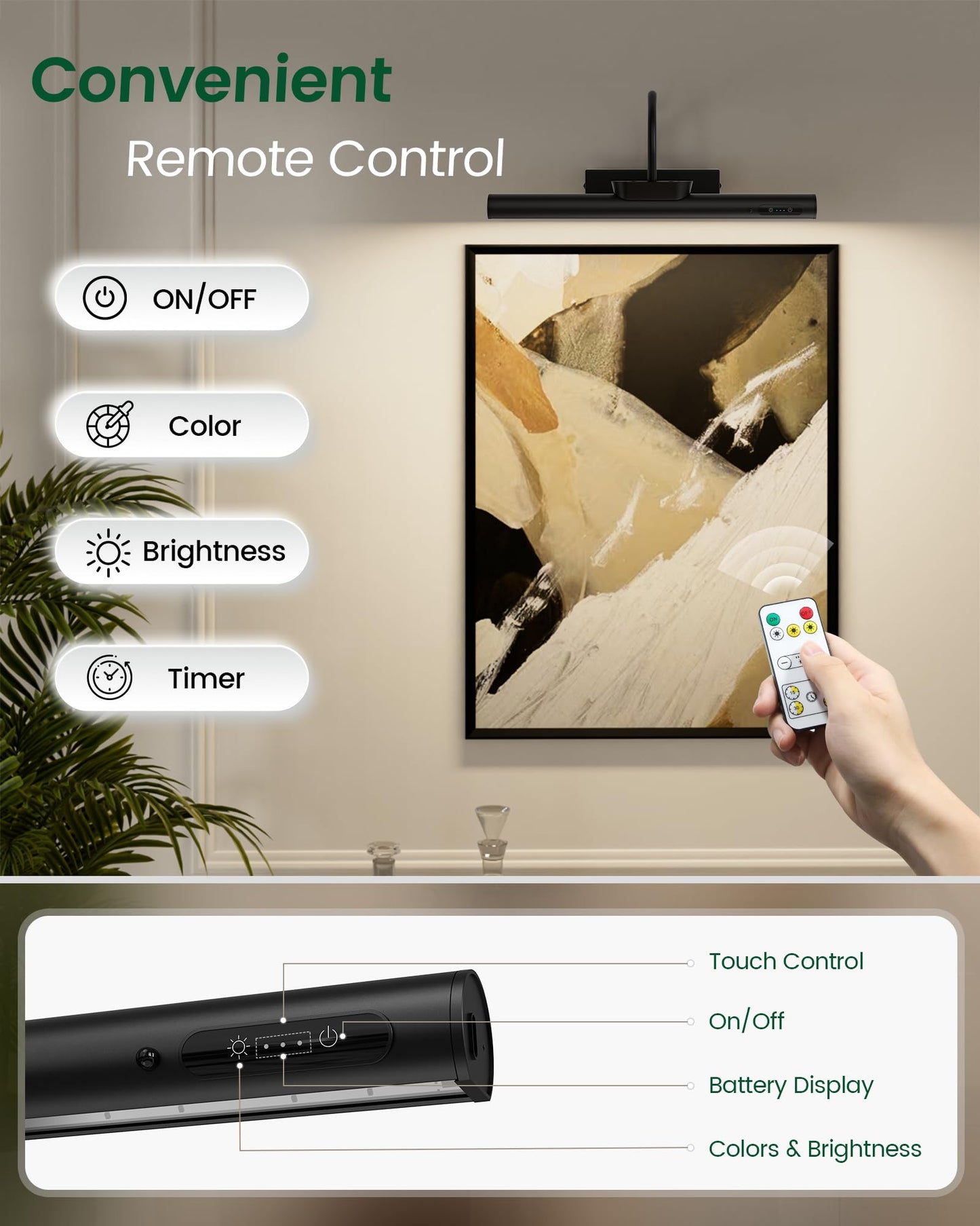 Bridika Picture Light Battery Operated, 19.7in Picture Lights for Wall, 3 Colors & Brightness Dimmable, Rechargeable Art Light for Paintings Photo