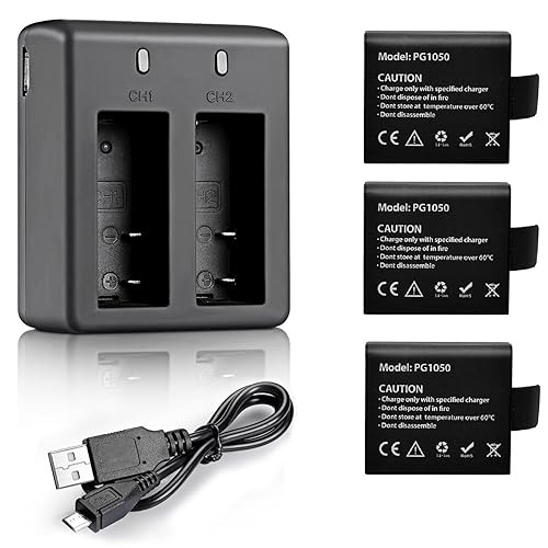 VVHOOY 3 x 1050mAh Rechargeable Action Camera Battery with USB Dual Charger Compatible with AKASO EK7000/Brave 4/V50X/Apexcam/VEMONT/Dragon Touch