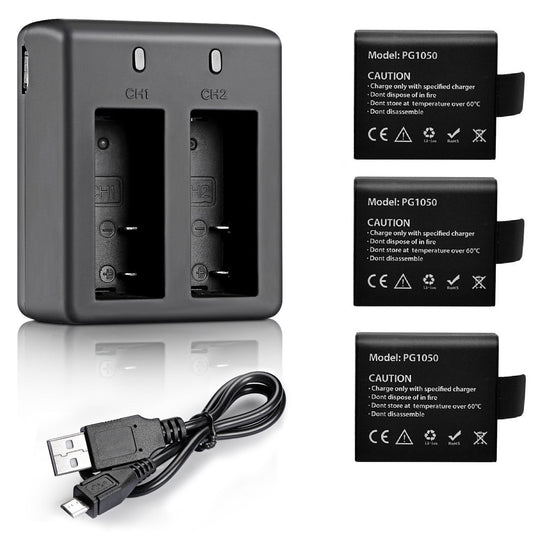 VVHOOY 3 x 1050mAh Rechargeable Action Camera Battery with USB Dual Charger Compatible with AKASO EK7000/Brave 4/V50X/Apexcam/VEMONT/Dragon Touch