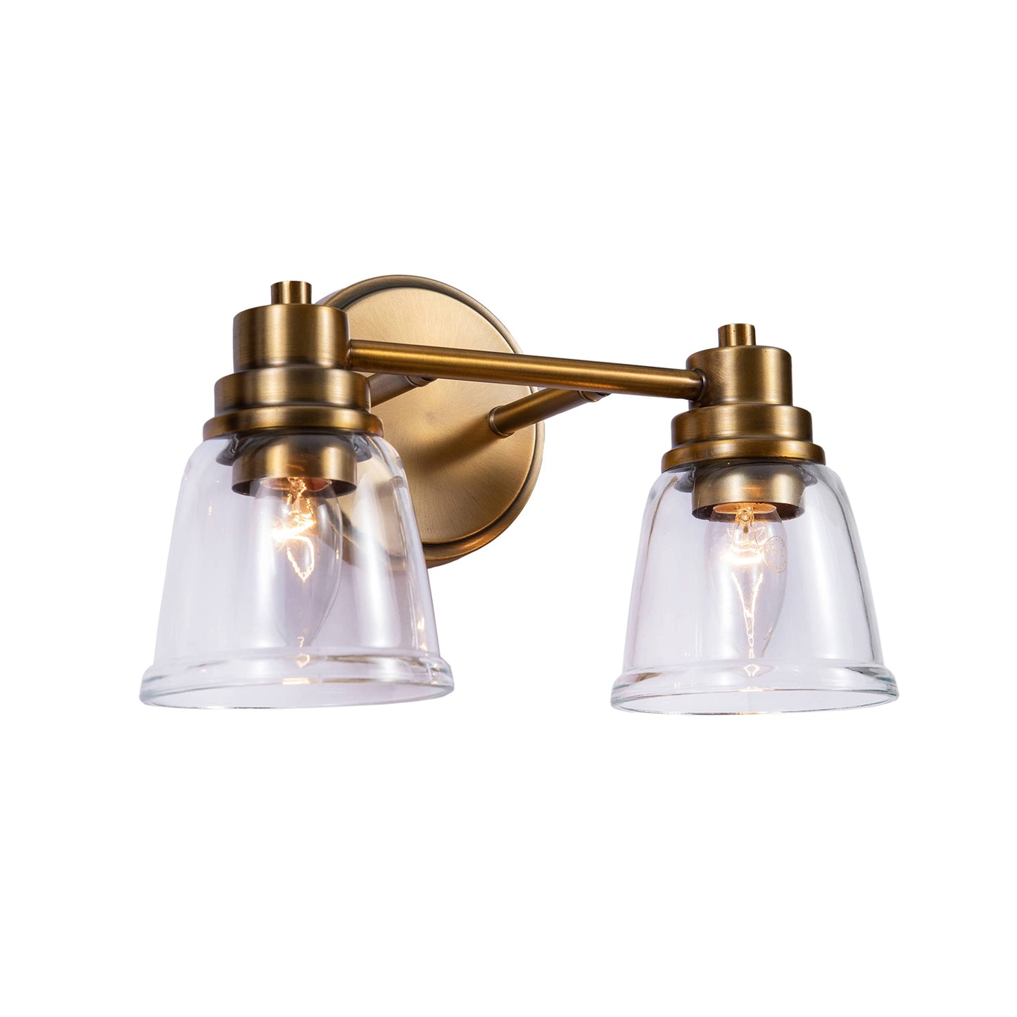 Aspen Creative 62284, Bathroom Vanity 2 Lights Fixture, 12-3/4" W x 7-7/8" H x 6-3/4" E, Warm Brass Finish, Clear Glass, Bulb Not Included