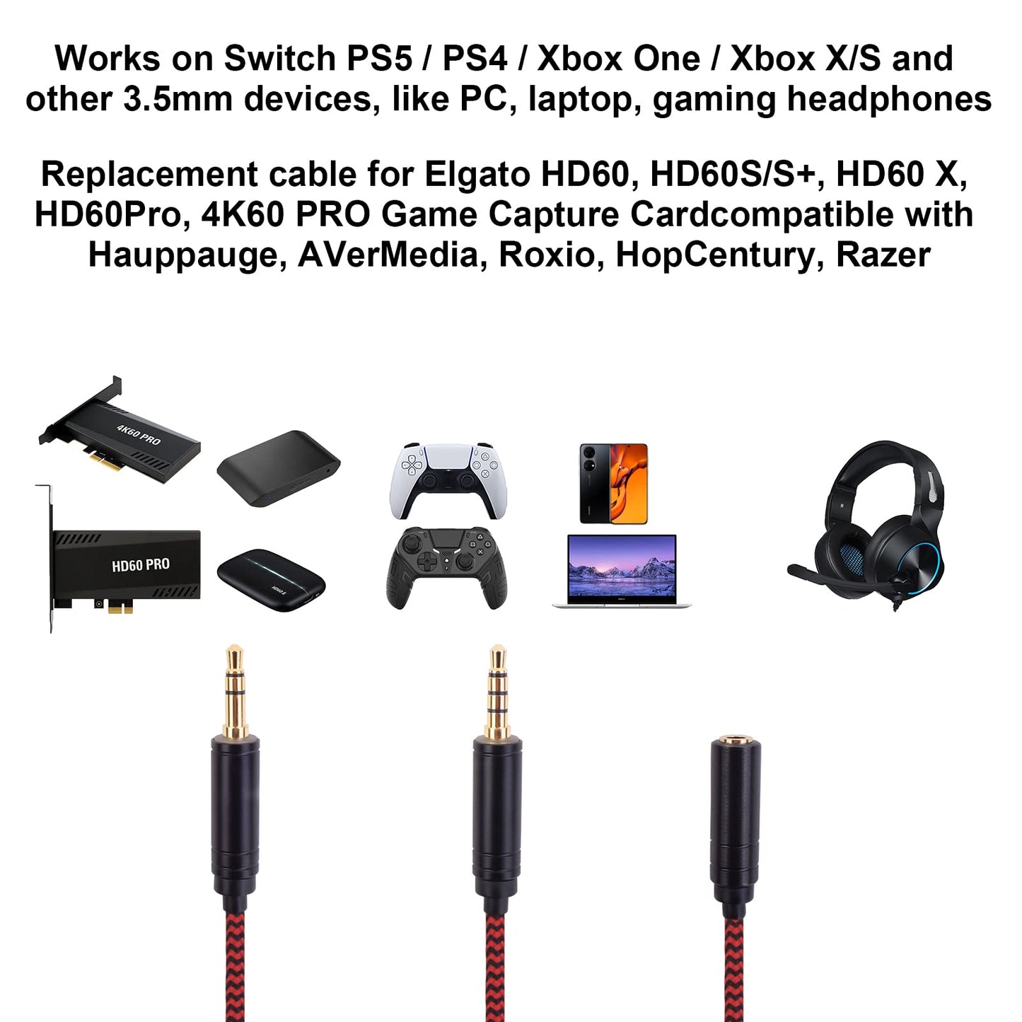 Sqrgreat 6.9ft Red HD60 S Chat Link Audio Cable for Elgato HD60 Series, PS5/PS4/Xbox One/X/S & PC, 1 Count