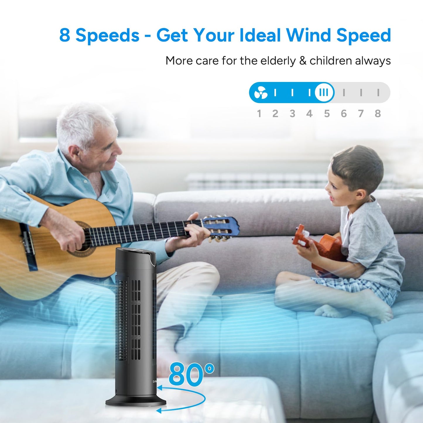 DR.PREPARE Tower Fan for Bedroom, 25 dB Quiet DC Bladeless Fan with Remote, 8 Speeds, 1-8H Timer, 80° Oscillating Fans for Indoors, 16 Inch Portable