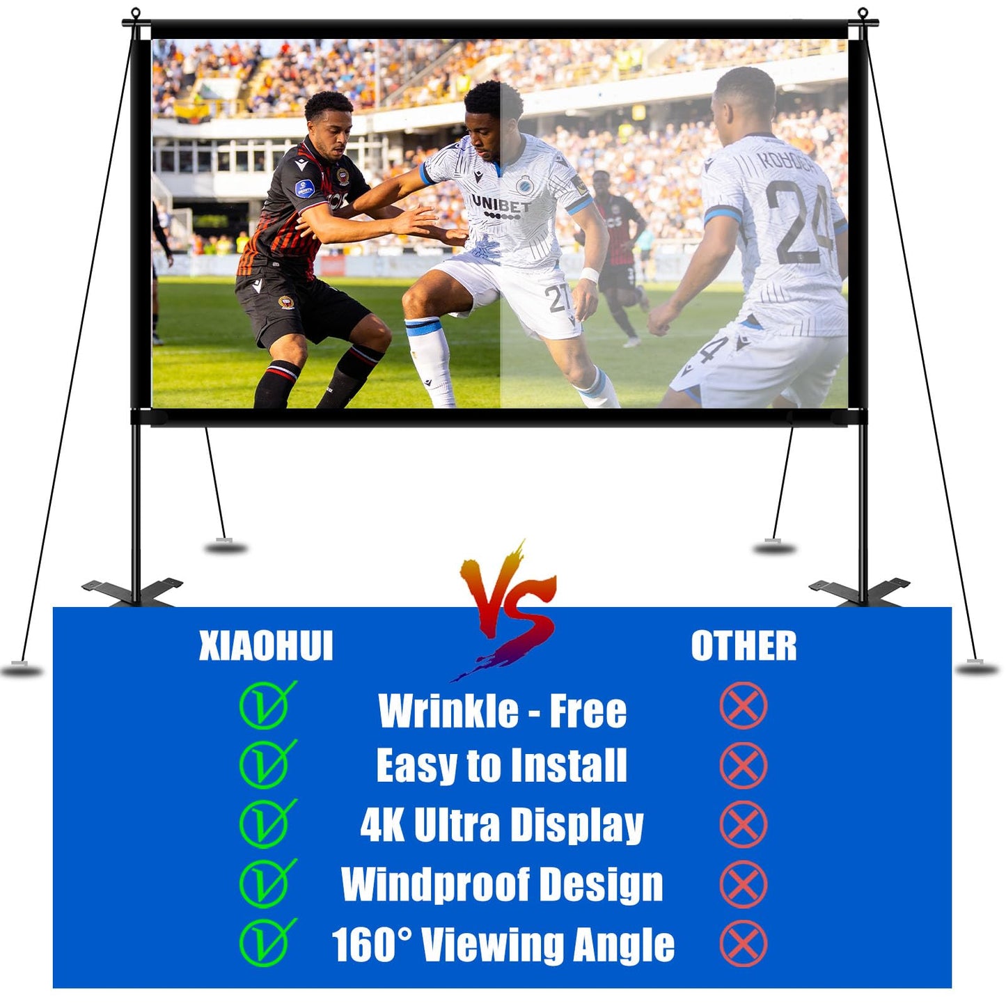 XIAOHUI 120 inch Outdoor Projector Screen with Stand, Portable Projector Screen with Carry Bag Windproof Fixing Rope Set, 4K Anti Light Glare Movie