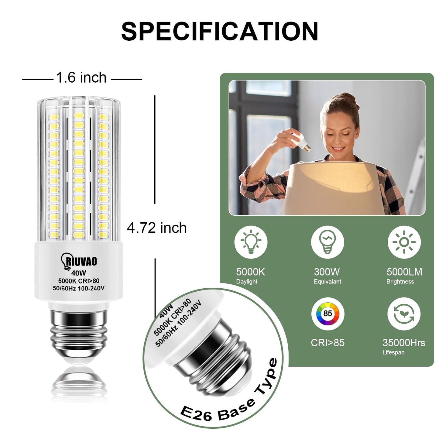 RIUVAO 4pcs LED Light Bulb 5000LM 300w Equivalent Super Bright 5000K Cool Daylight White 40W LEDs Bulb E26/E27 Medium Base for Outdoor Indoor Home