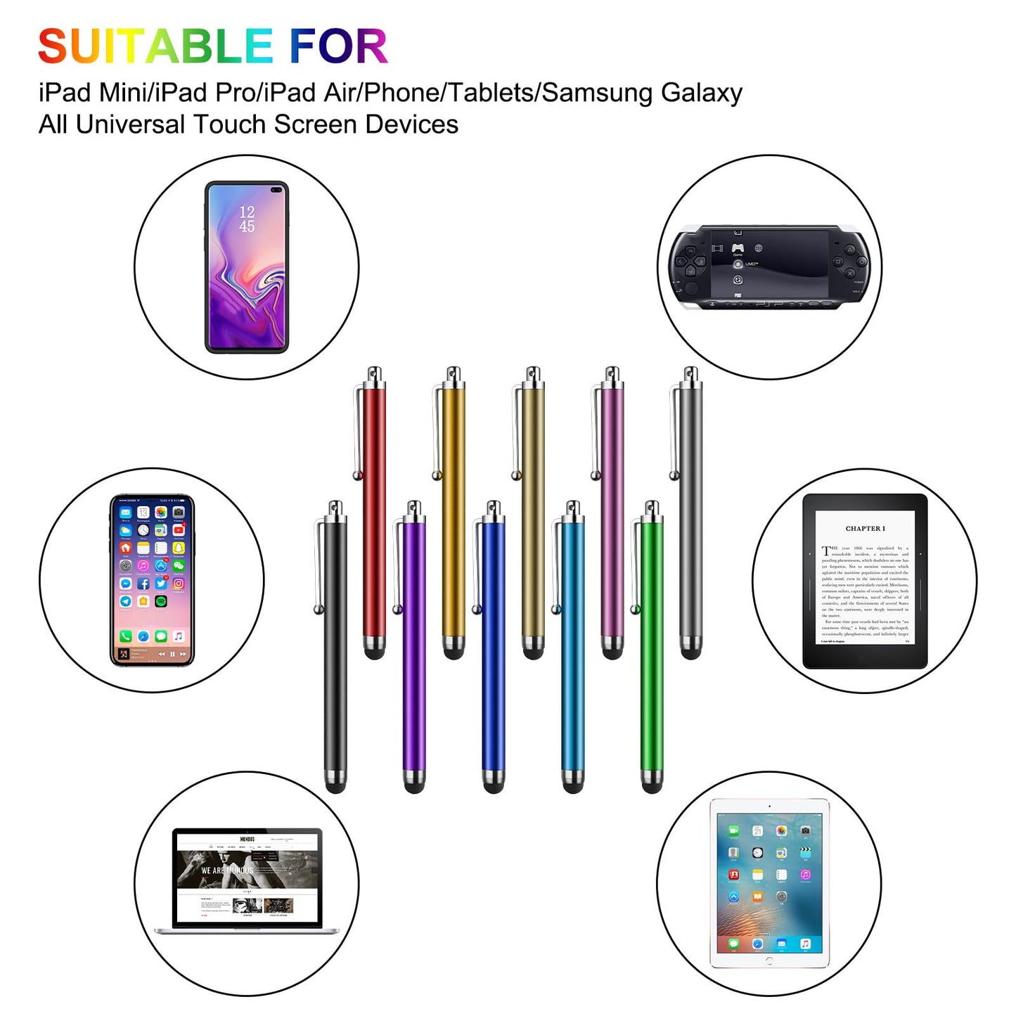 Stylus Pen [10 Pack] Universal Capacitive Touch Screen Pens for Tablets, iPad mini, iPad Pro, iPad Air, Smartphones, Samsung Galaxy - Multiple Colors