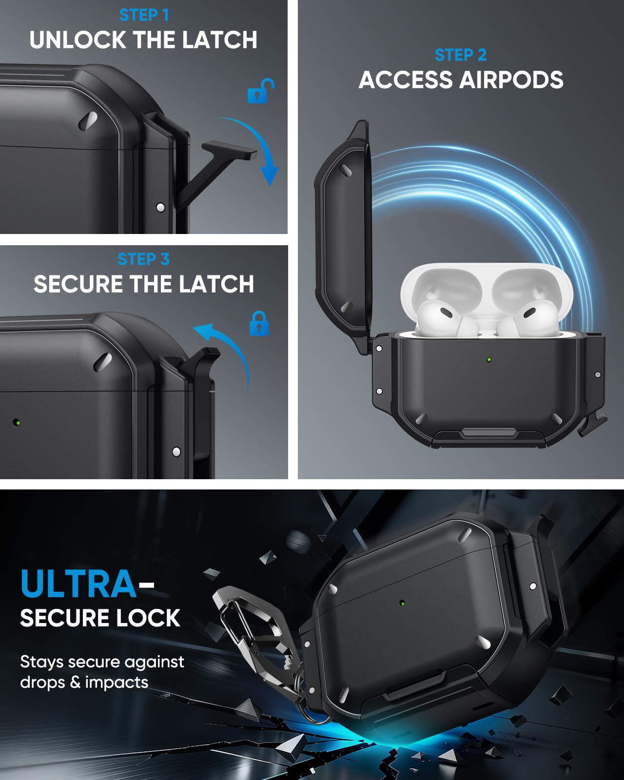 MoKo for AirPods Pro 3 Case with Secure Lock - IP68 Waterproof Case for iPods Pro 3, Military-Grade Protective Cover Earpods Pro 3 with Keychain