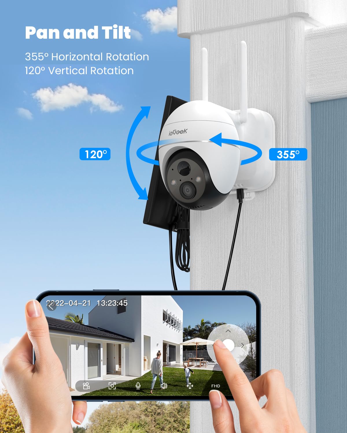 ieGeek Security Camera Outdoor, 2K Wireless WiFi 360°PTZ Camera, Solar Battery Powered Surveillance Camera with Spotlight/Siren/Motion Detection/3MP