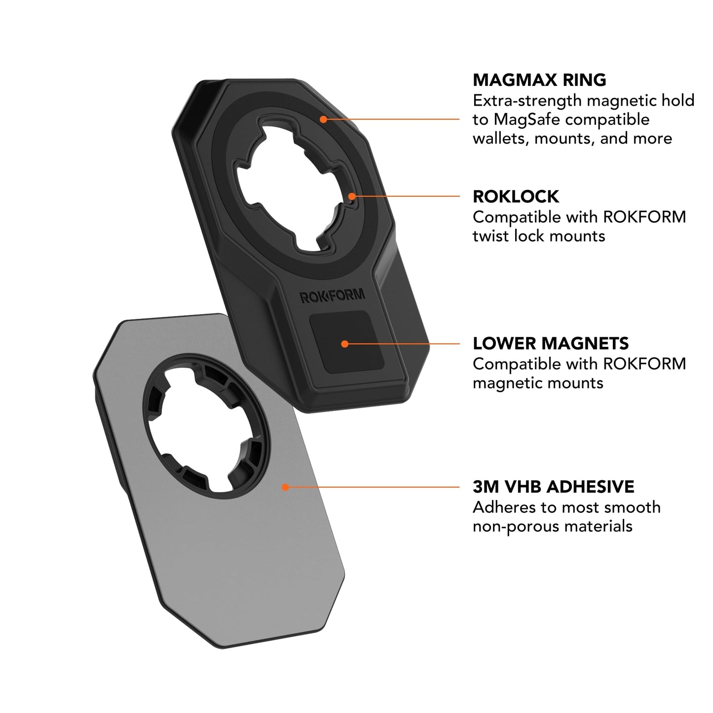 Rokform Universal Adapter, Twist Lock and Mag Safe Compatible, Mounts to Almost Any Smartphone, Phone Case, Tablet, or Flat Surface with 3M VHB