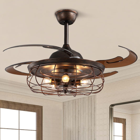 Siljoy Retractable Ceiling Fan with Light Industrial Rust Caged Ceiling Fan with Lights and Remote Farmhouse 6 Speeds Reversible Fandelier for Living