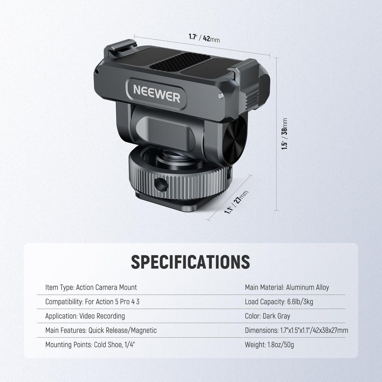 NEEWER Magnetic Mount Accessories Compatible with DJI Osmo 360 / Action 5 Pro / 4/3, Quick Release 160° Tilt Action Camera Adapter Mount with Cold
