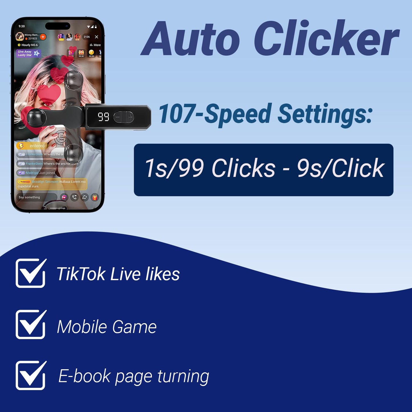 Auto Clicker Smart Tapper for iPhone iPad Android TikTok - Auto Touch Device with 107 Adjustable Speed, Instant Clicker for Live Stream Likes, Social