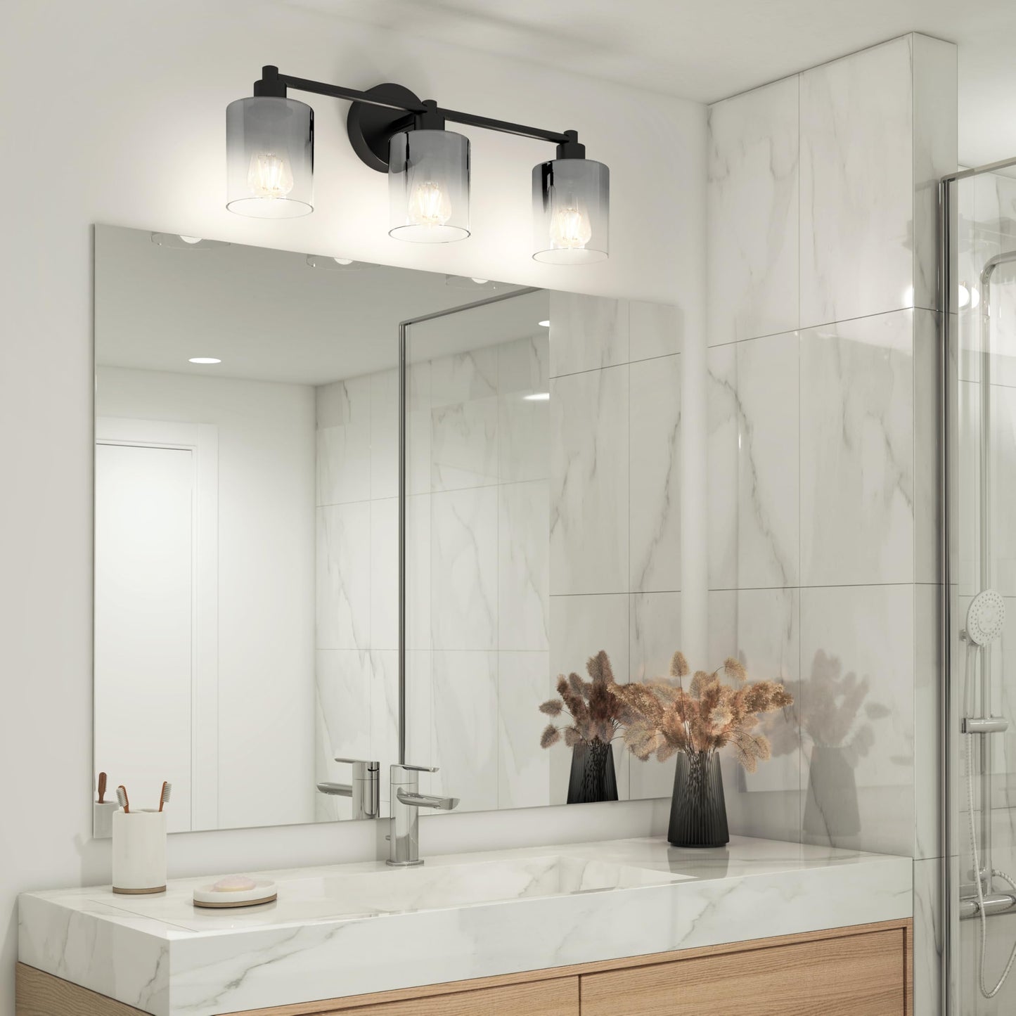 artika Modern Bathroom Vanity Light, 3-Light Sconce - Black Glass, Steel - VAN3-HZ-BL (25.4 x 7.3 x 9.8 in)