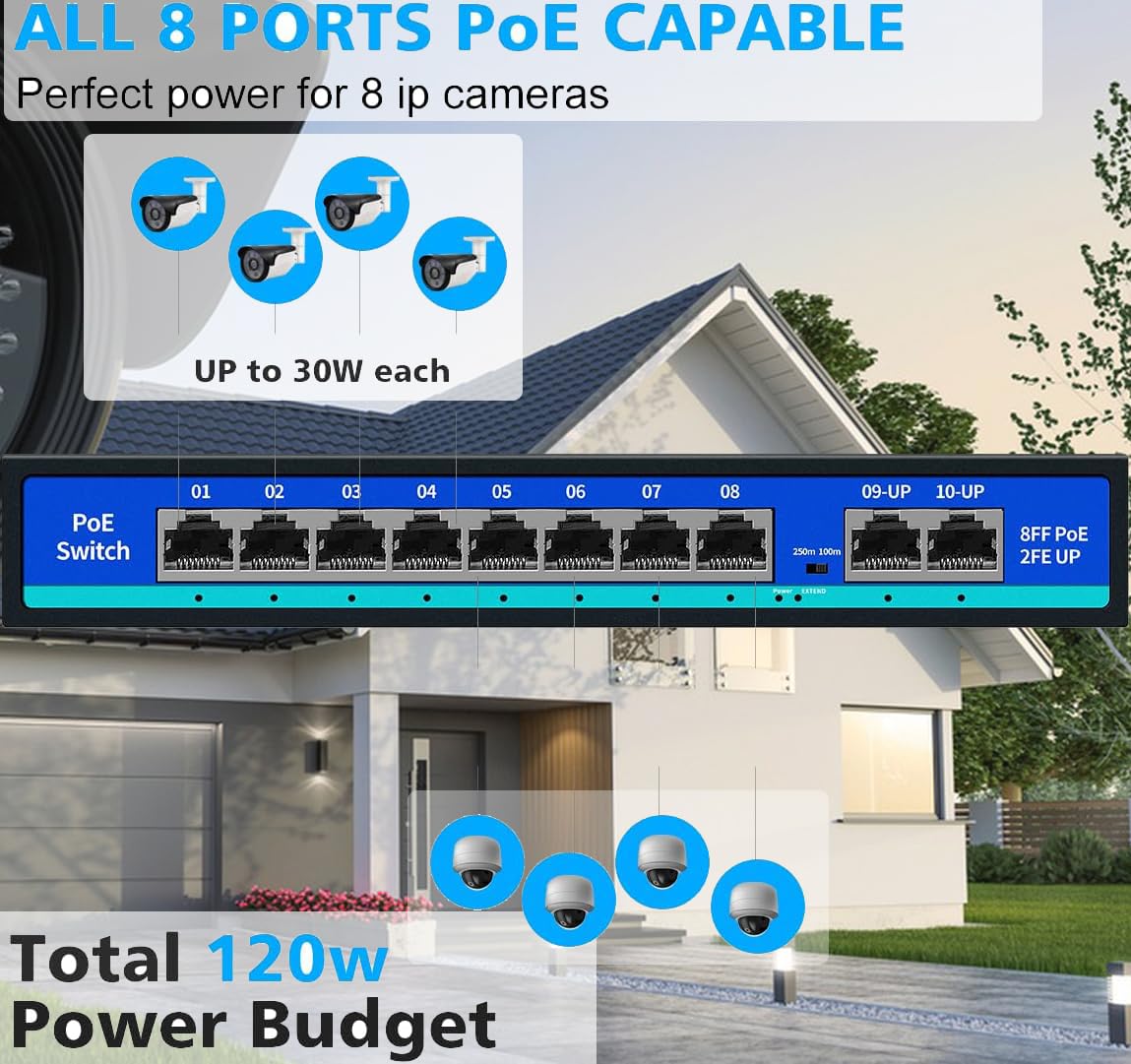 8 Port PoE Switch - 2 Uplink Ports, 120W, Fanless, Unmanaged, Metal Housing, IEEE 802.3af/at, Ideal for IP Cameras & PoE Devices