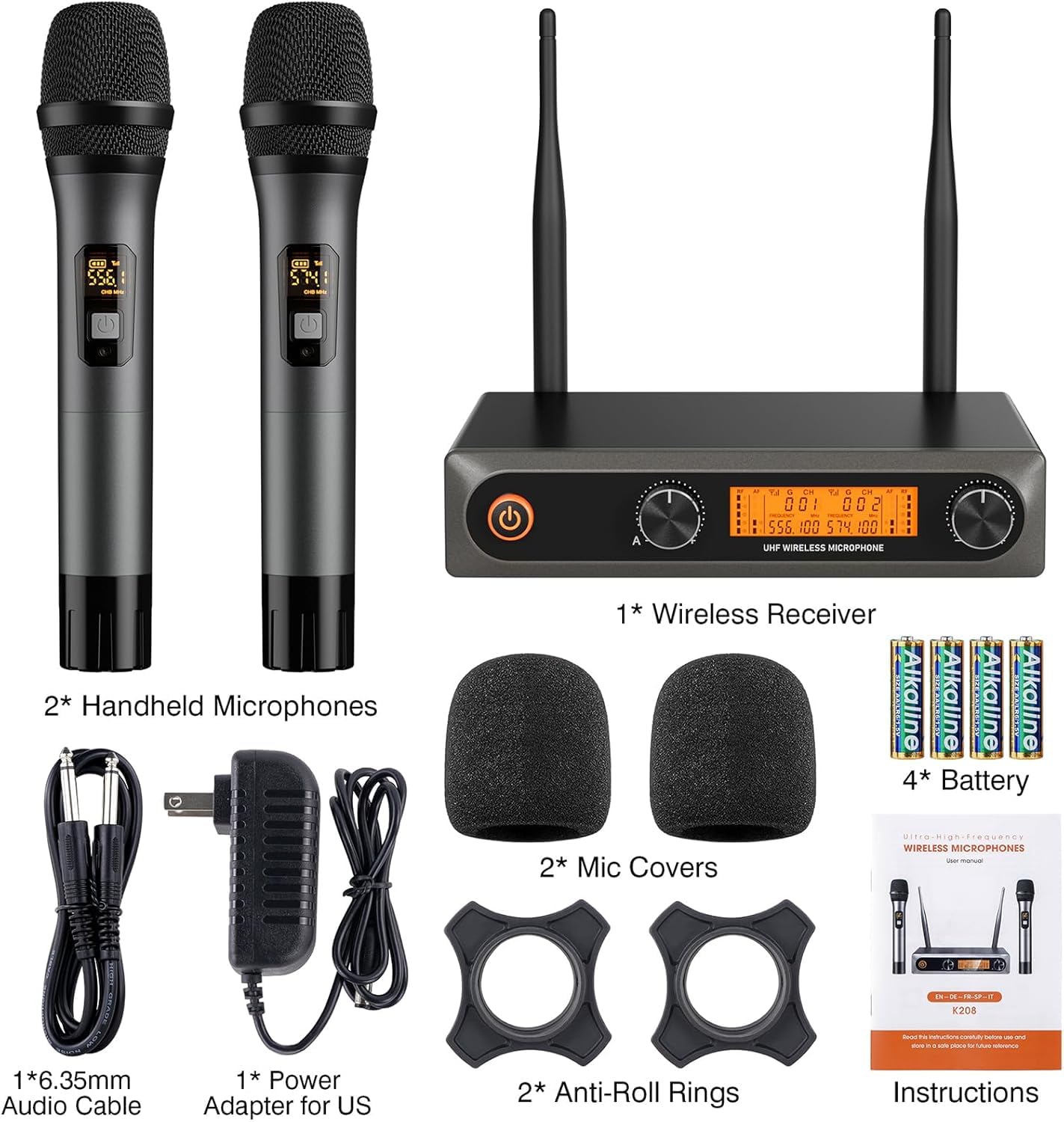 voijump Wireless Microphone System, Metal Dual UHF Cordless Mics Handheld Microphone, Professional Wireless Mic Set for Karaoke, Party, Church